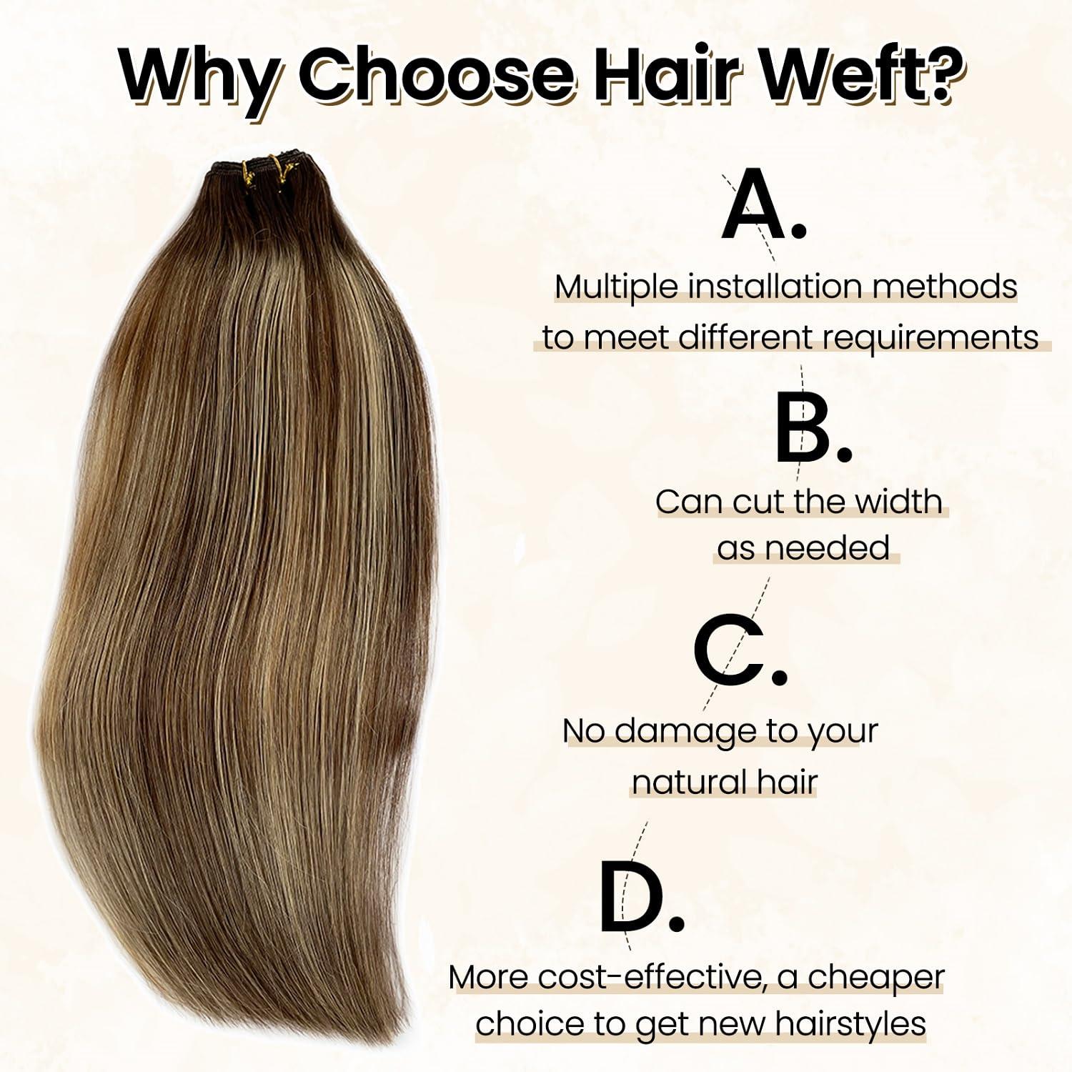 Benafee Hand Tied Weft Hair Extensions Human Hair 22 Inch 120 Gram Sew in Hair Extensions Real Human Hair Bundles Ombre Balayage Medium Brown to Honey Blonde Sew in Hair Bundles Real Human Hair Extensions