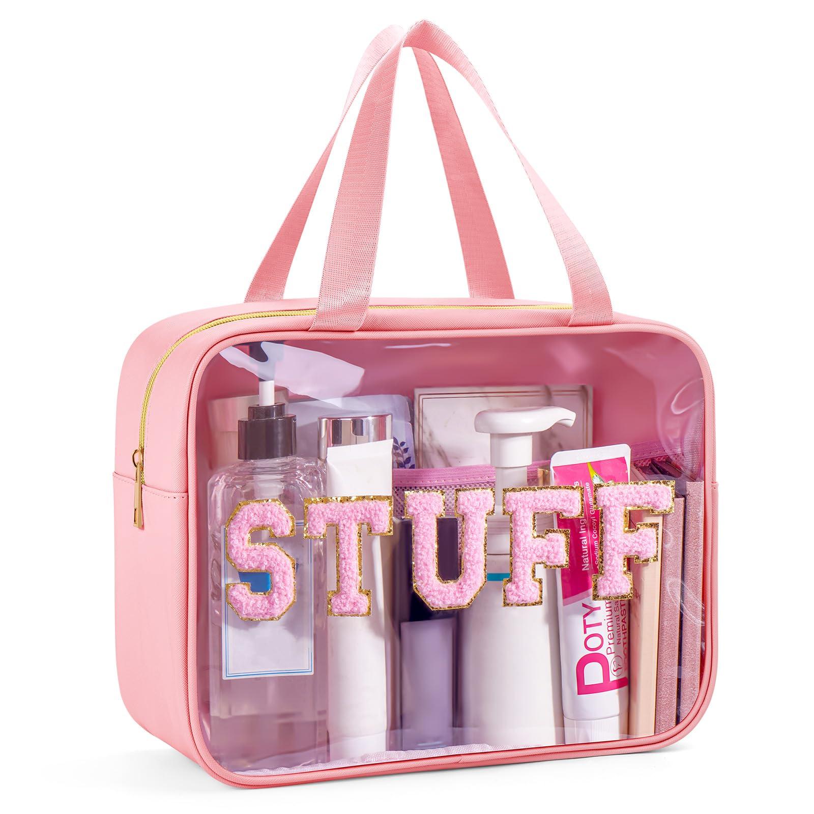 Glitzcharm Glitzcharm Clear Makeup Bag Transparent Cosmetic Bag Organizer for Women Waterproof Travel Toiletry Bag Portable Make up Bag with Chenille Letter, Large, Pink