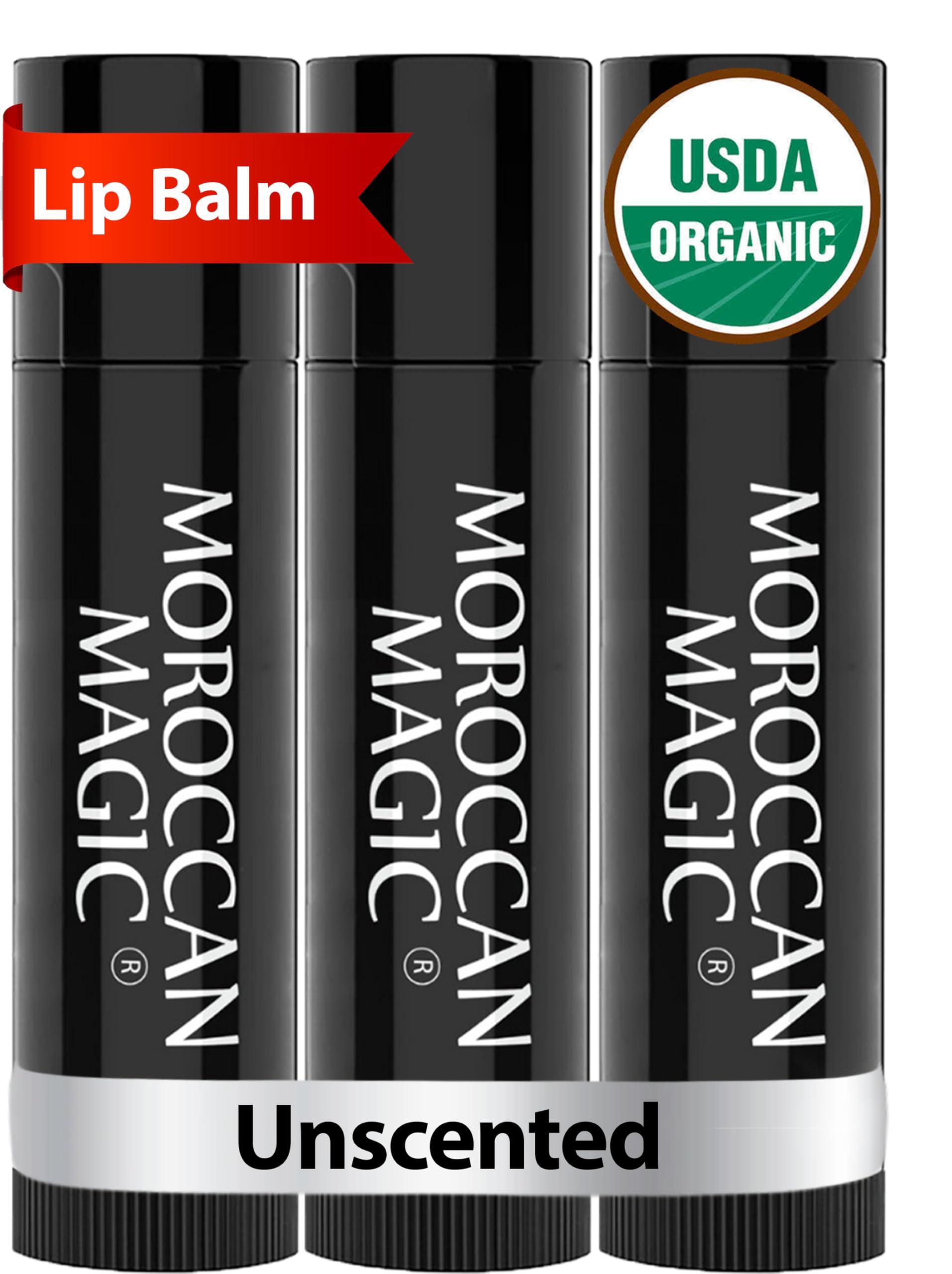 Moroccan Magic Organic Moroccan Magic Lip Balm 3 Pack | Original Unscented Lip Balm Set | Chapsticks for Dry Lips | Made with Natural Argan, Essential Oils Lip Moisturizer and Vitamin E | Smooth Application