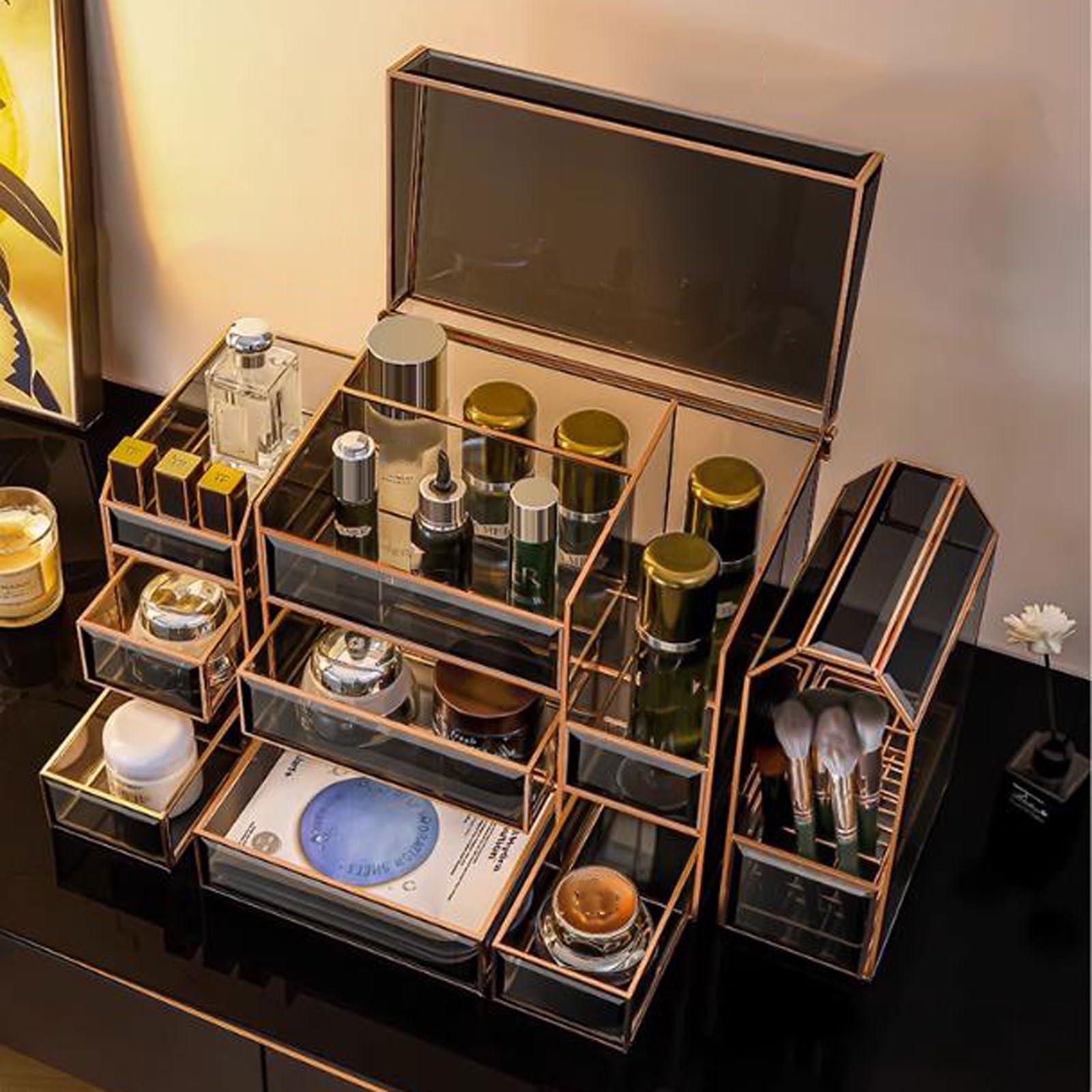 WAOCEO Makeup Organiser Storage Large Capacity Glass Makeup Organizer Storage Box, Luxury Make Up Case Dustproof Cosmetic Storage Display Box, Skin Care Products Jewelry Organizer Finishing Box Bathroom Desk