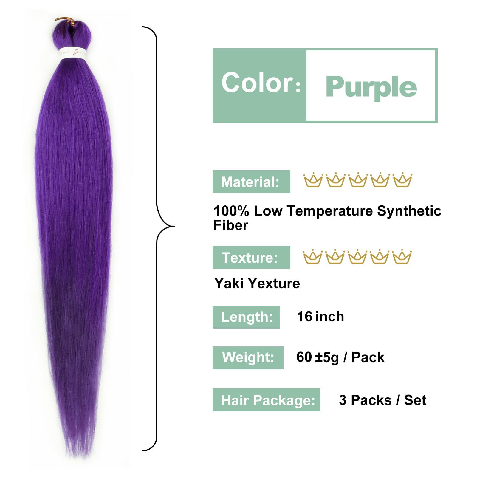IIFLYDSFA Purple Braiding Hair Pre stretched 16 Inch 3 Packs Pre-stretched Braiding Hair EZ Braid Yaki Texture Synthetic Hair Extensions for Crochet Box Braids