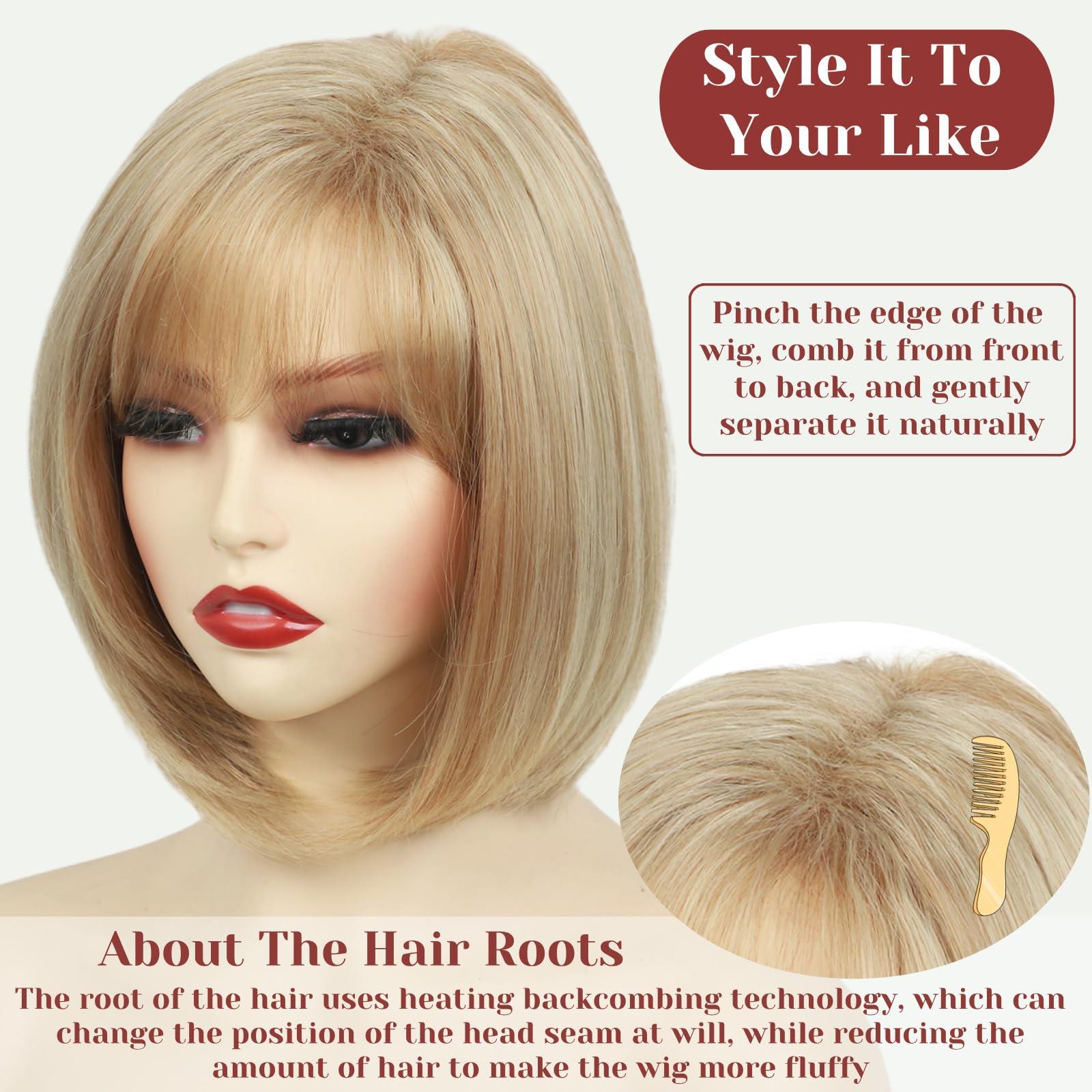 RENERSHOW RENERSHOW Short Blonde Pixie Bob Wig with Bangs Mixed Blonde Wigs for White Women Straight Hair Synthetic Wigs for Daily Party