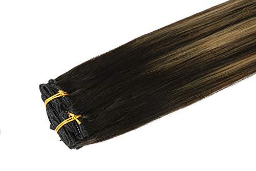 HUAYI HUAYI Caramel Highlights On Black And Natural Black Hair 120g 7Pcs Clip In Hair Extensions Human Hair Double Weft Thick End For Full Head No Tangle Silky Straight Balayage Hair (1271B#16'')