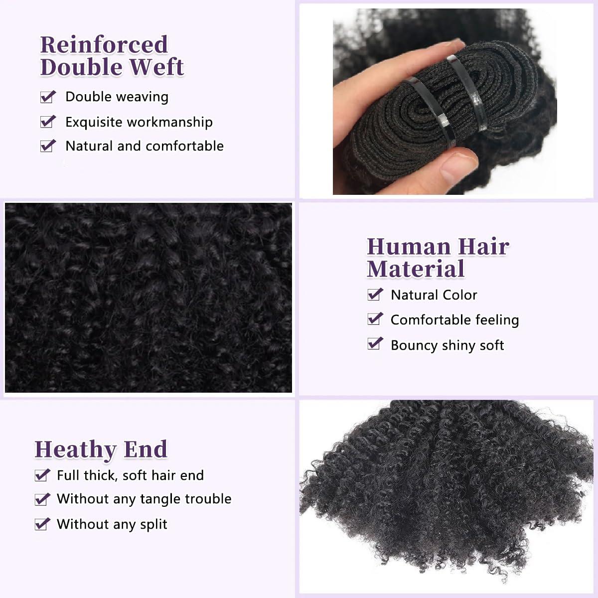 generousies Mongolian Afro Kinky Curly Human Hair 3 Bundles (8 10 12 Inch) Afro Curly Weave Hair Extensions for Black Women Unprocessed Virgin Hair Afro Kinky Human Hair Bundles Natural Color