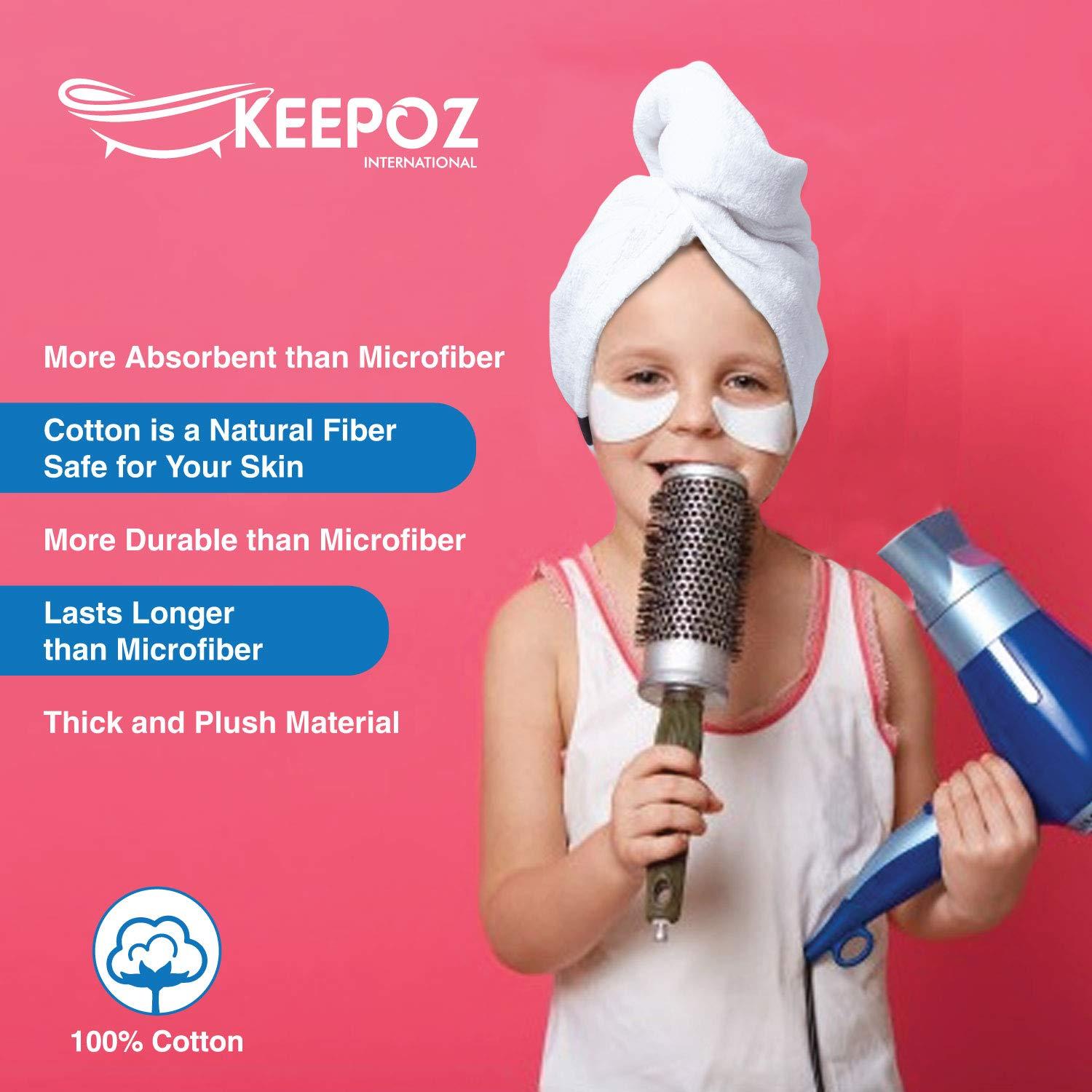 KEEPOZ KEEPOZ 100% Cotton Hair Towel Wrap Quick Dry Super Absorbent Turban Head Wrap for Women with Button, Anti Frizz, Hair Cap for Curly, Long & Thick Hair (White, 1 Pc)