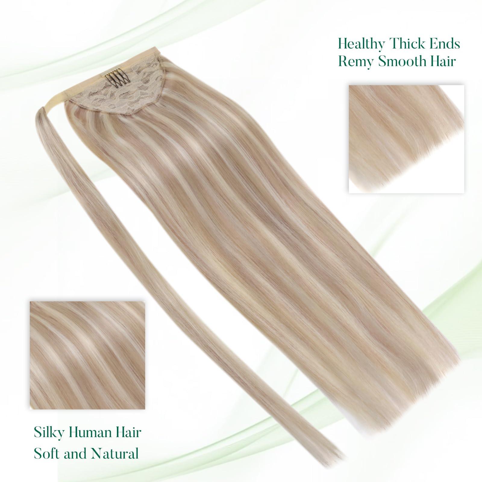 Easyouth Ponytail Extensions Human Hair Blonde Human Hair Ponytail Ash Blonde Highlighted Bleach Blonde Pony Tails Hair Extensions Real Human Hair for Women 16Inch 80g #18P613