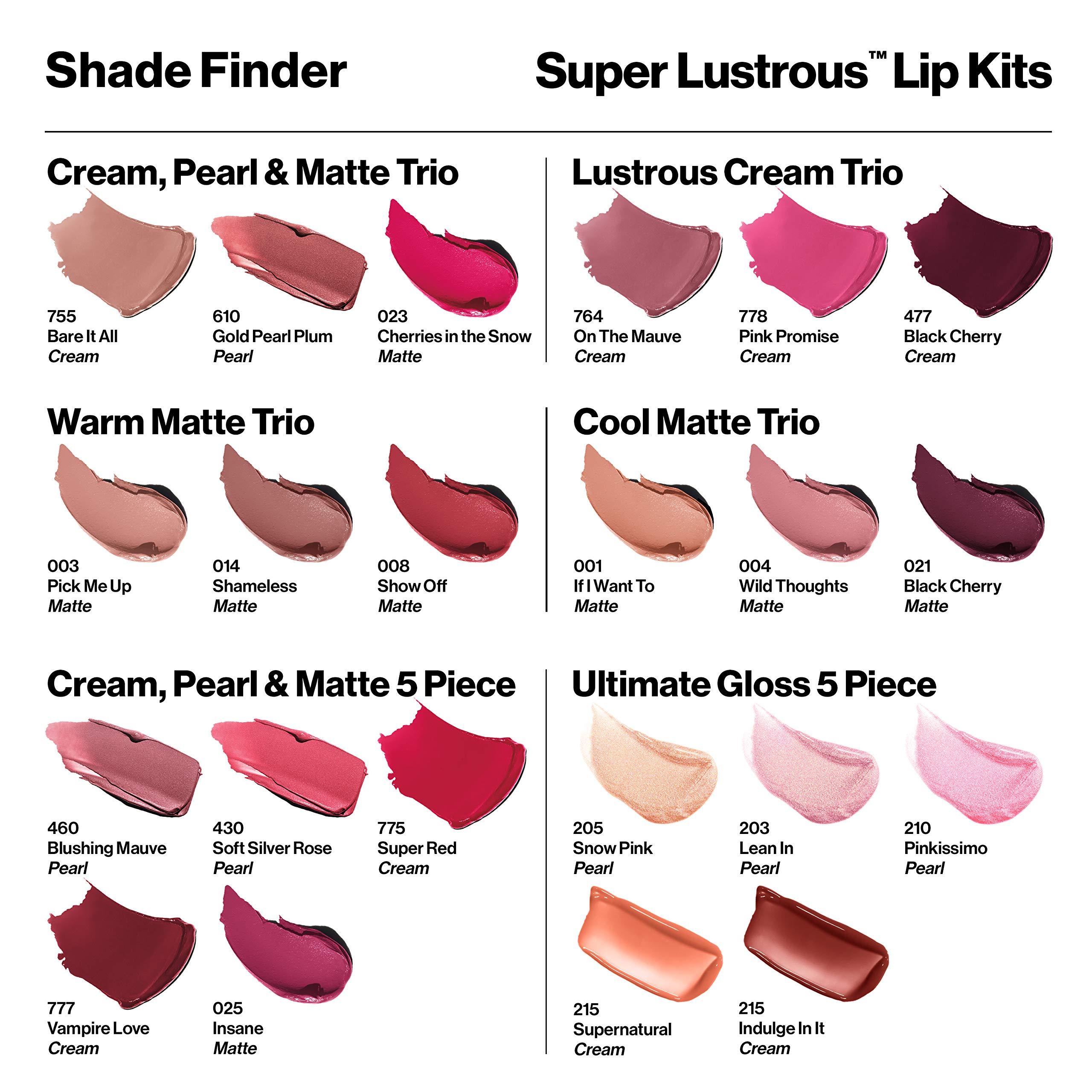 REVLON Revlon Super Lustrous 5-Piece Lipstick Gift Set, High Impact, Moisturizing, 460 Blushing Mauve & 430 Soft Silver Rose (Pearl), 775 Super Red & 777 Vampire Love (Cream), 025 Insane (Matte), 0.75 Oz