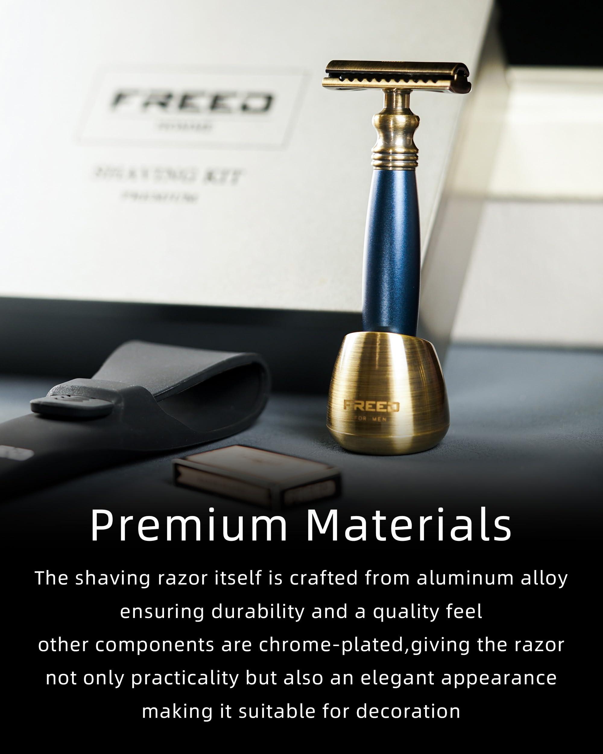 FREED FREED Bronze Series Customized gifts Engraving Shaving Kit - Safety Razor with metal handle include razor travel case,razor base,and 10 blades,It's the best gift for men (Blue)