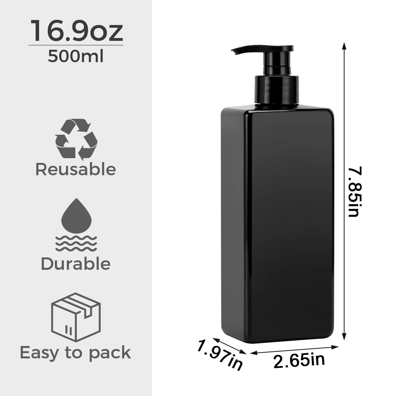 SUREAM Suream Shampoo and Conditioner Dispenser Set, 3Pack 16.9oz Bathroom Countertop Soap Bottle with 4PCS lables, Plastic Refillable Dispenser with Pump for Kitchen, Office, Travel, Resturant, Black