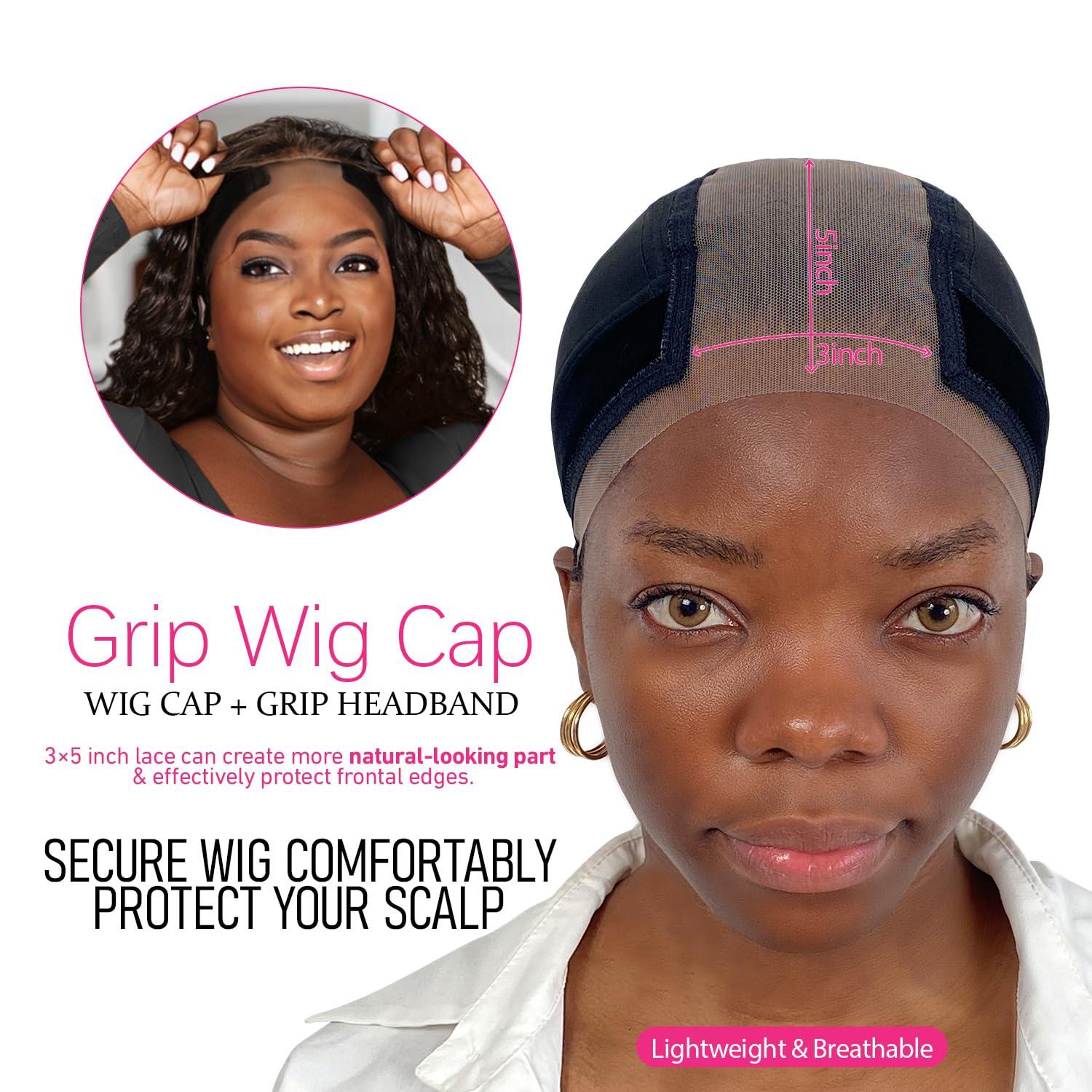LAB HAIRS LAB HAIRS Wig Cap with Grip Band for Keeping Wigs in Place, More Full Cap-wide Transparent Lace for Lace Front Wigs - Brown/Black/Nude Non Slip Cap Make Your Wig Be Glueless (Black-L)