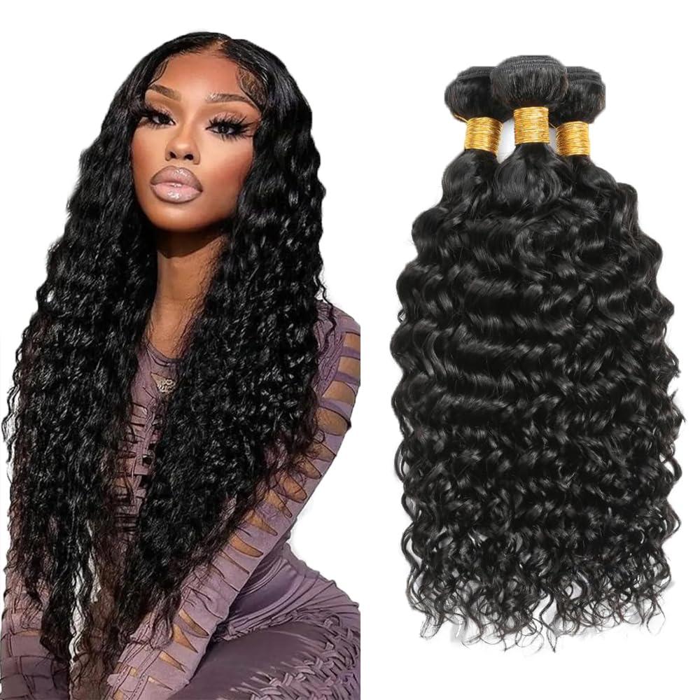 NiegMeag 26 28 30 Inch Ocean Wave Bundles Human Hair Natural Color Water Wave Human Hair Bundles Brazilian Virgin Remy Hair 3 Bundles Wet and Wavy Bundles Double Weft Hair Weave 300g