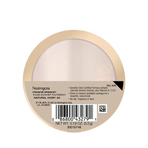 Neutrogena Neutrogena Mineral Sheers Lightweight Loose Powder Makeup Foundation with Vitamins A, C, & E, Sheer to Medium Buildable Coverage, Skin Tone Enhancer, Face Redness Reducer, Natural Ivory 20,.19 oz
