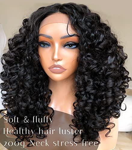 BlackSwern BlackSwern Curly Lace Front Wigs Pre Plucked, Lace Front Wigs Curly Hair Synthetic Lace Front Wig, Glueless Big Curly Wigs for Black Women Natural Black Color