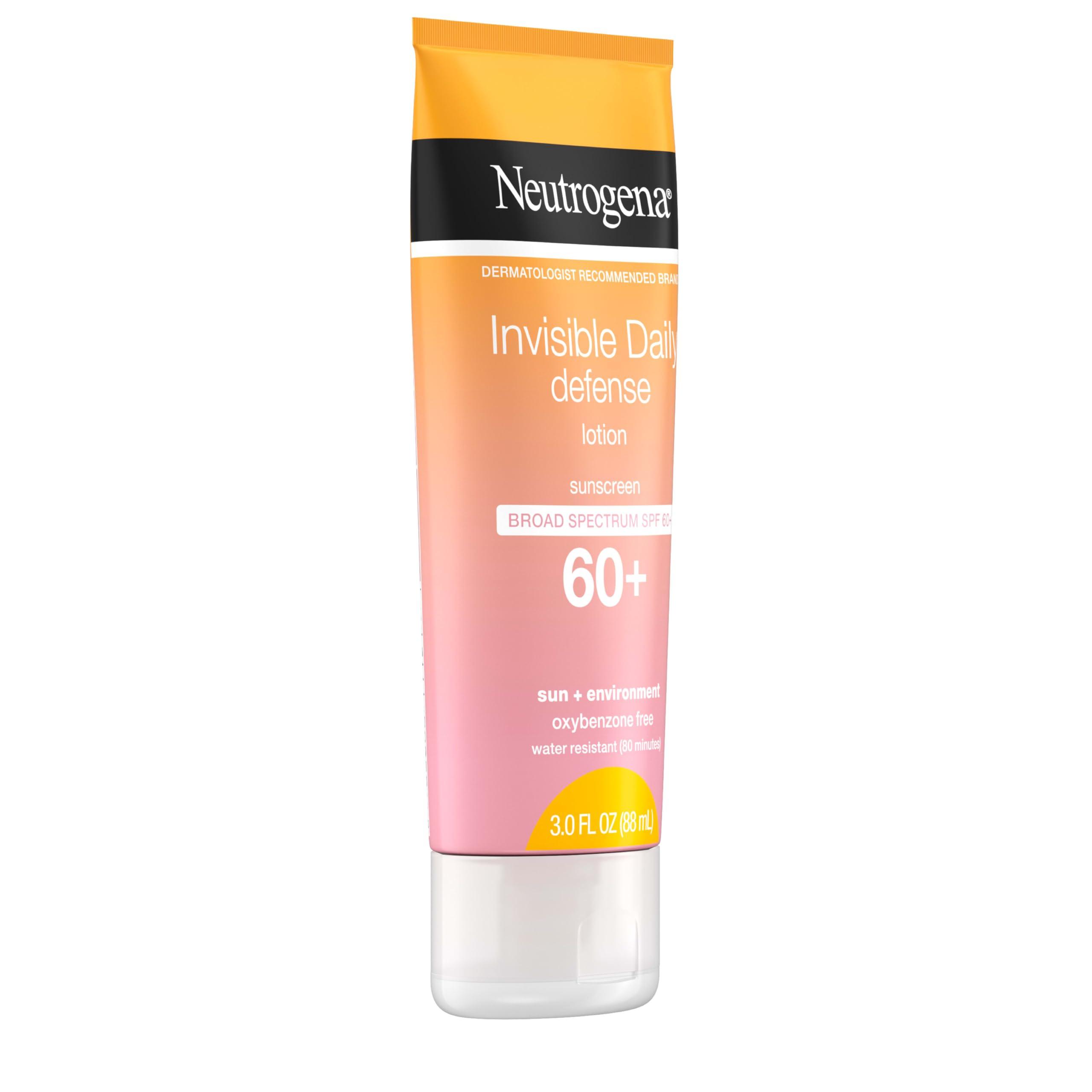 Neutrogena Neutrogena Invisible Daily Sunscreen Lotion, Broad Spectrum SPF 60+, Oxybenzone-Free & Water-Resistant, Sun or Environmental Aggressor Protection, Antioxidant, 3 Fl Oz (Pack of 1)