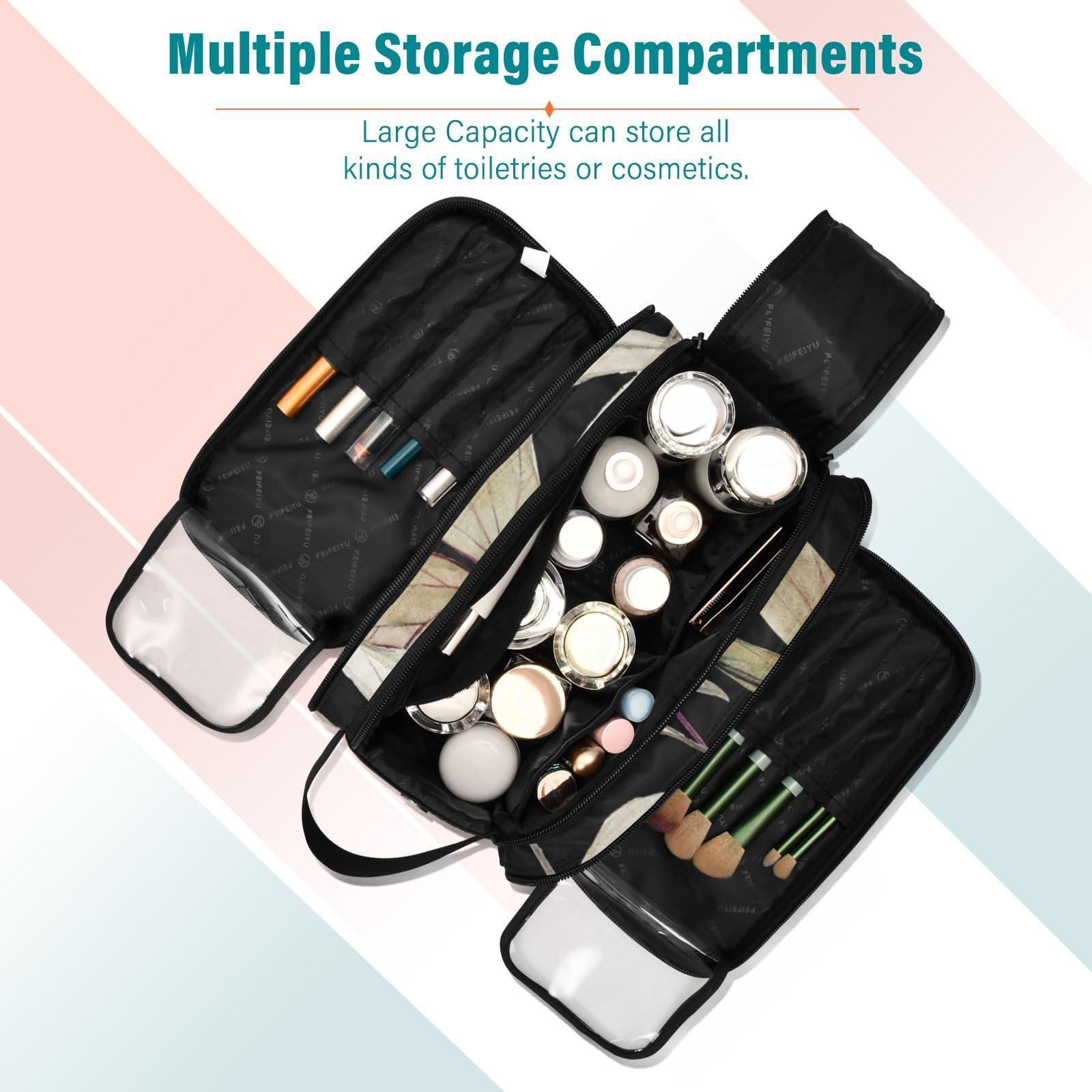 DALAWU Large Capacity Travel Cosmetic Bag for Women Dry Leaves and Hydrangea Flowers Travel Portable Cosmetic Pouch With Handle and Divider Flat Lay Bag Organizer Toiletry Bag Makeup Box for Skincare Cosmeti