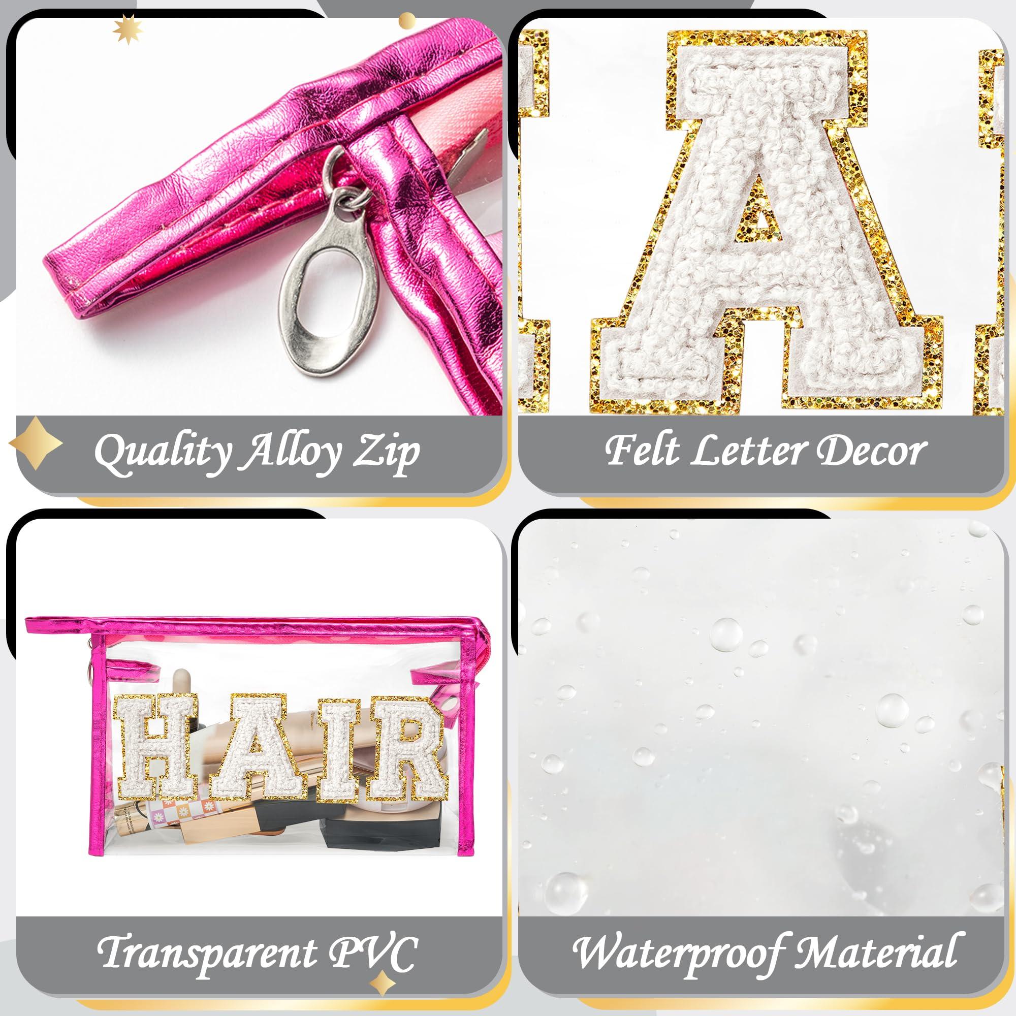 Y1tvei Y1tvei Clear HAIR Makeup Bag - Preppy Patch White Chenille Varsity Letter Cosmetic Bag Transparent PVC Zipper Waterproof Portable Beach Travel Storage Pouch Toiletry Organizer for Women(Rose Red)