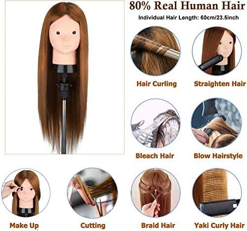 TopDirect Mannequin Head with 80% Human Hair, TopDirect 23.5" Brown Real Hair Cosmetology Mannequin Head Hair Styling Hairdressing Practice Training Doll Heads with Clamp Holder and Tools