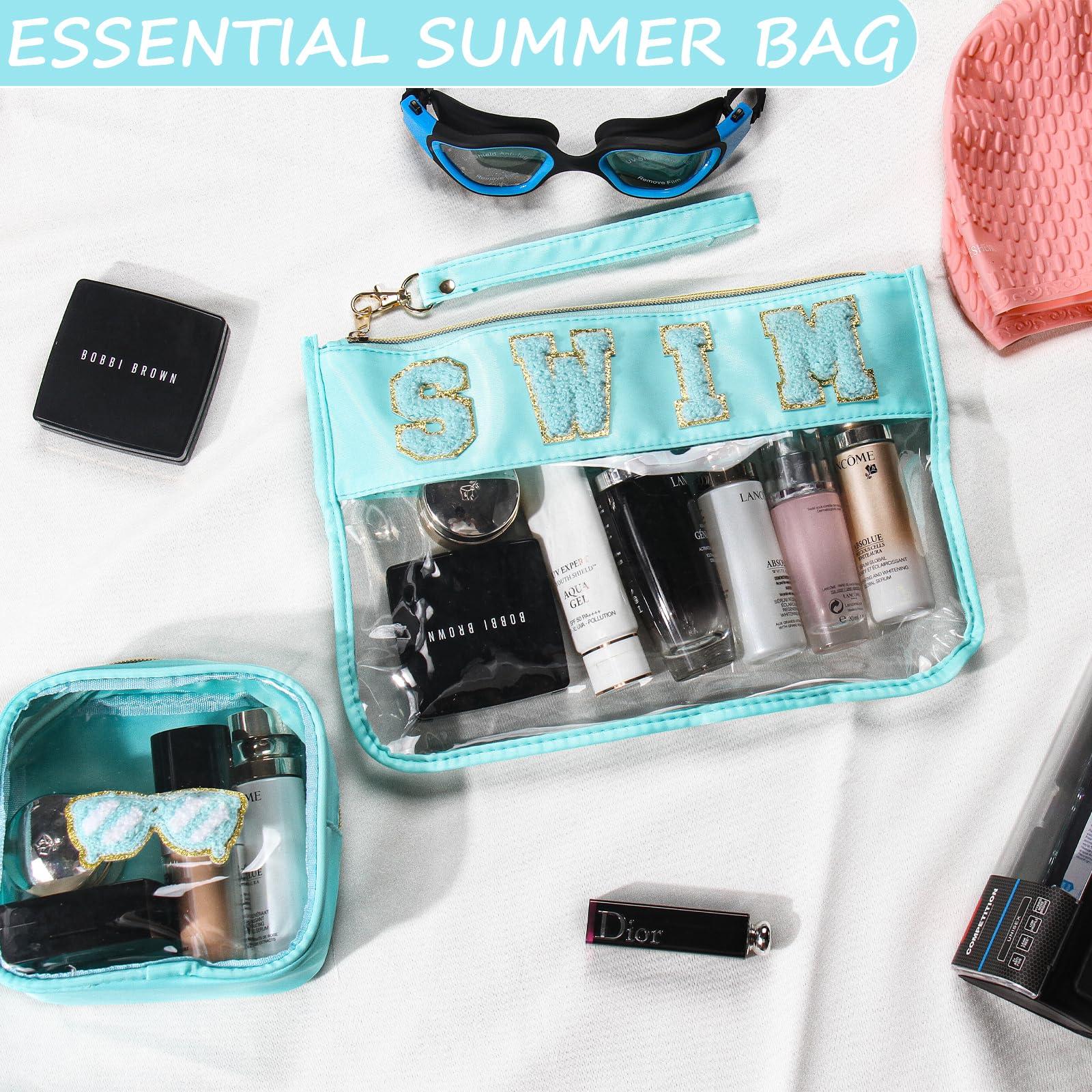 BuyCard BuyCard 2 Pcs Swim Bag Cosmetic Makeup Bag with Chenille Letter Patch, Clear Pouch PVC Organizer Purse, Waterproof Travel Beach Bag, Portable Toiletry Storage Bag
