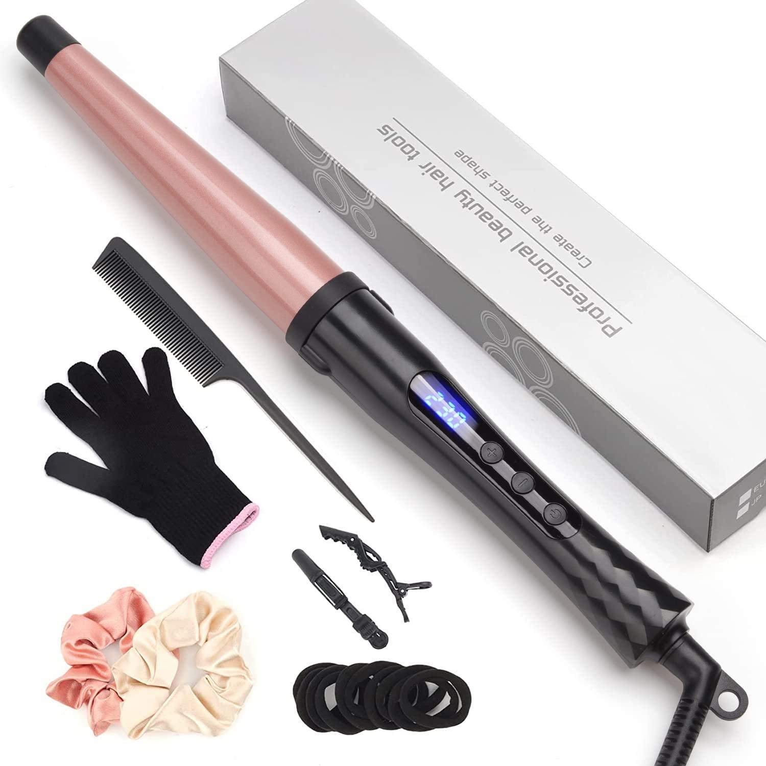 JAETON Curling Wand Iron, 1.25 Inch Tapered Curling Wand Large Ceramic Barrel for Natural Curls, Adjustable Temperature, Includes Glove