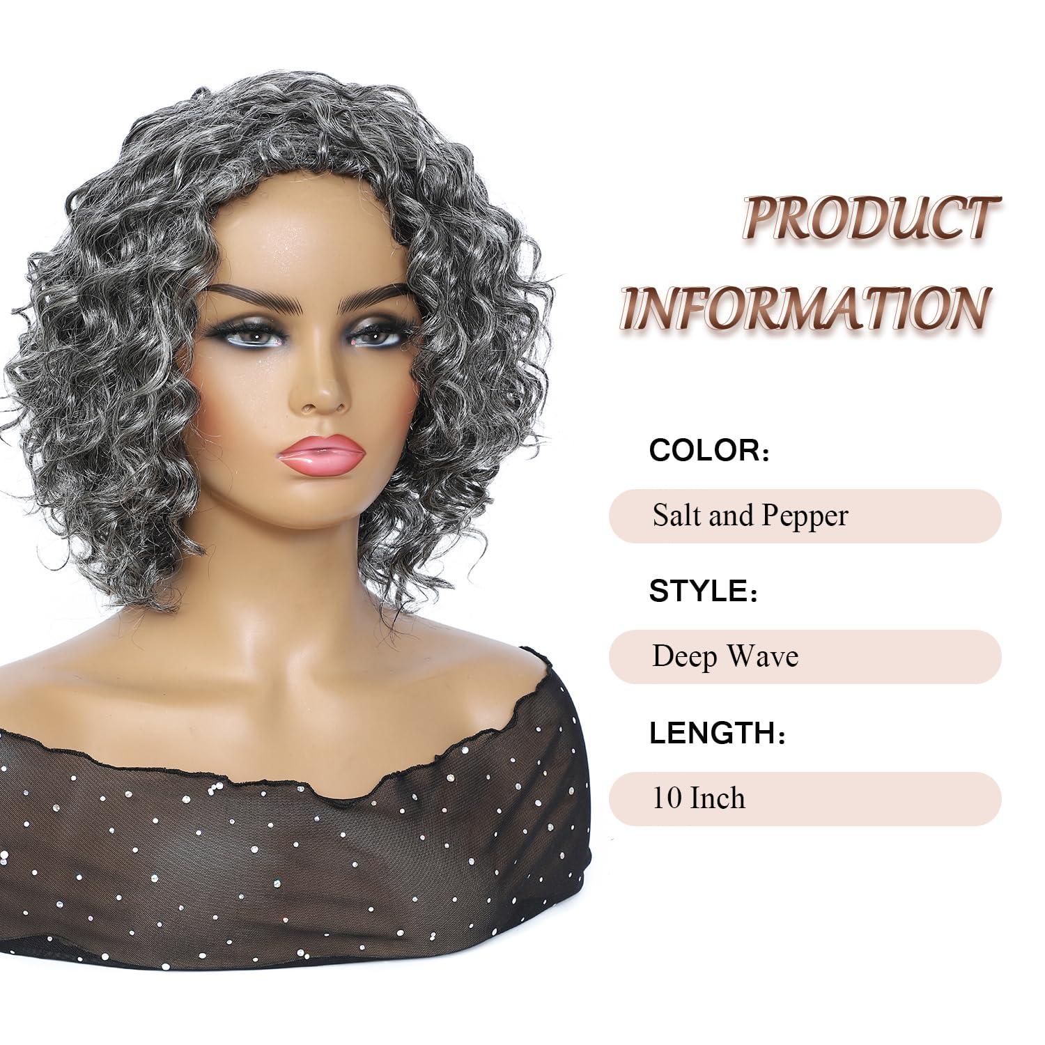 HUA HUA Salt and Pepper Grey Wigs Human Hair for Black Women Glueless Deep Wave Grey Human Hair Wig for Older Women Gray Wigs for Women Human Hair Mixed Bob Wear and Go Glueless Grey Wig