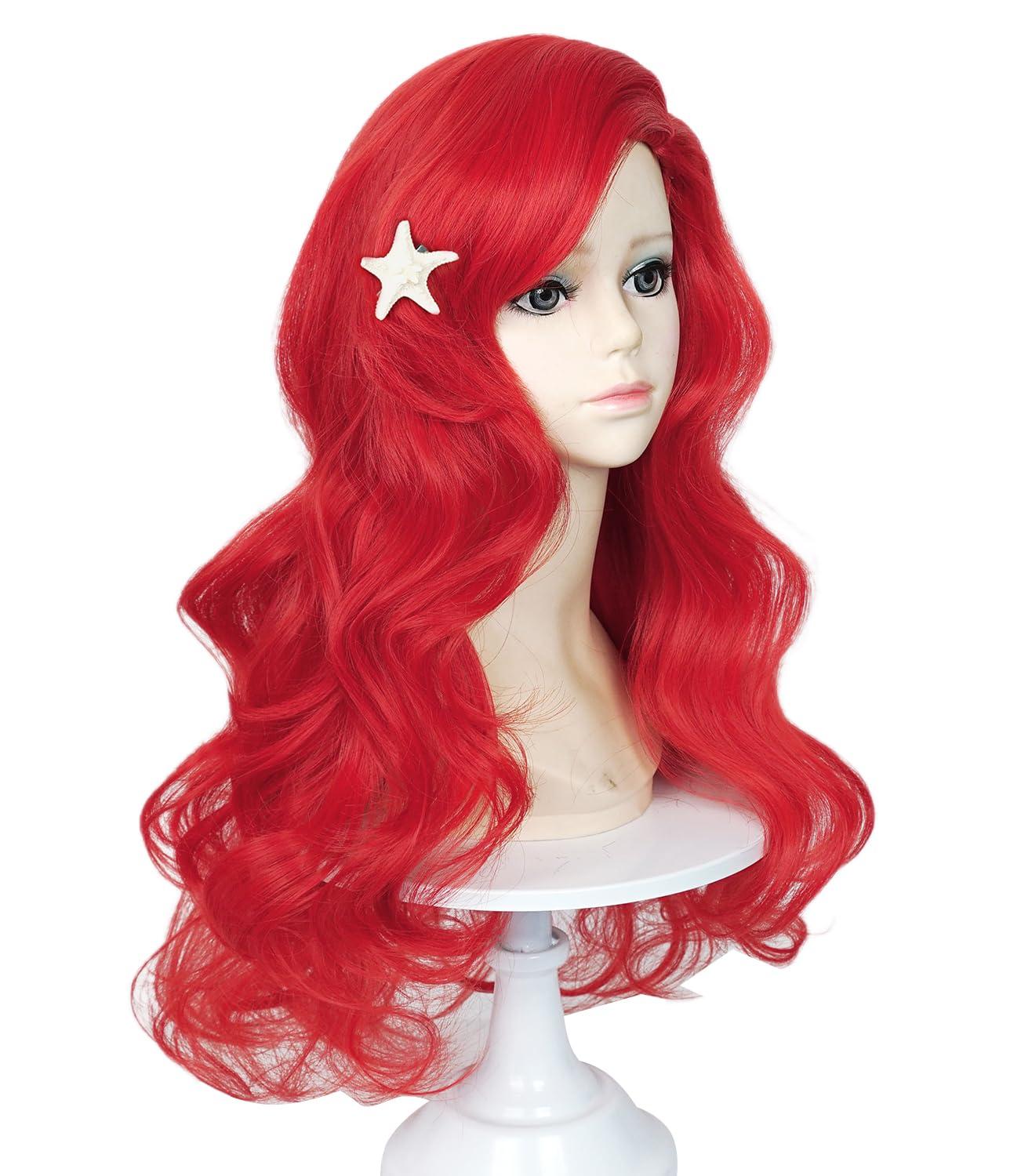LABEAUT LABEAUT Max Beauty Red Mermaid Wigs Long Curly Daily Wig Hair Heat Resistant Synthetic Fiber for Halloween for Cosplay for Christmas (Red Kids + Hairpin)