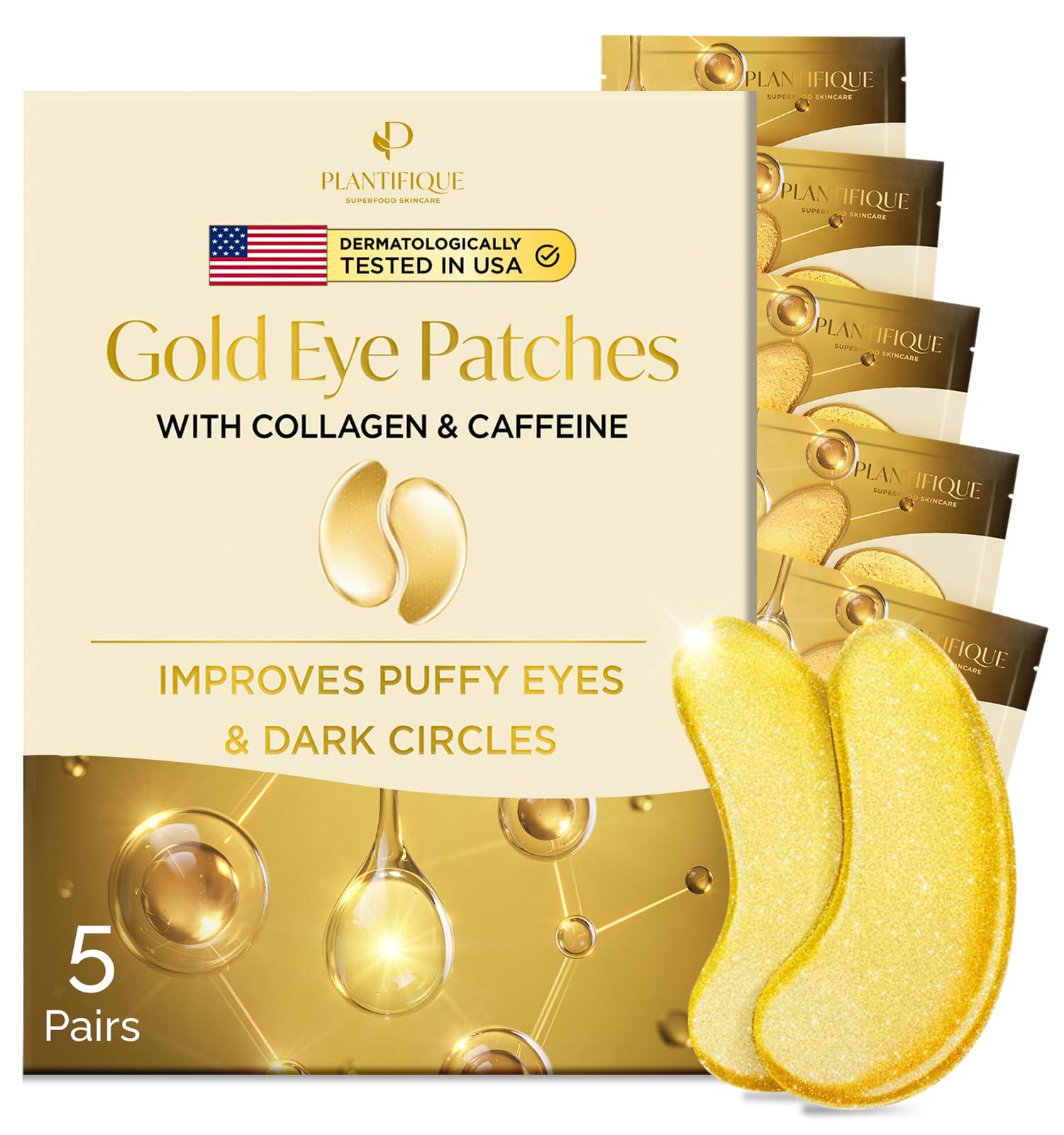 PLANTIFIQUE PLANTIFIQUE Gold Under Eye Patches for Puffy Eyes and Dark Circles 5 Pairs Under Eye Masks for Dark Circles and Puffiness Eye Gels with Collagen & Caffeine Eye Patches Gold Eye Mask Skincare
