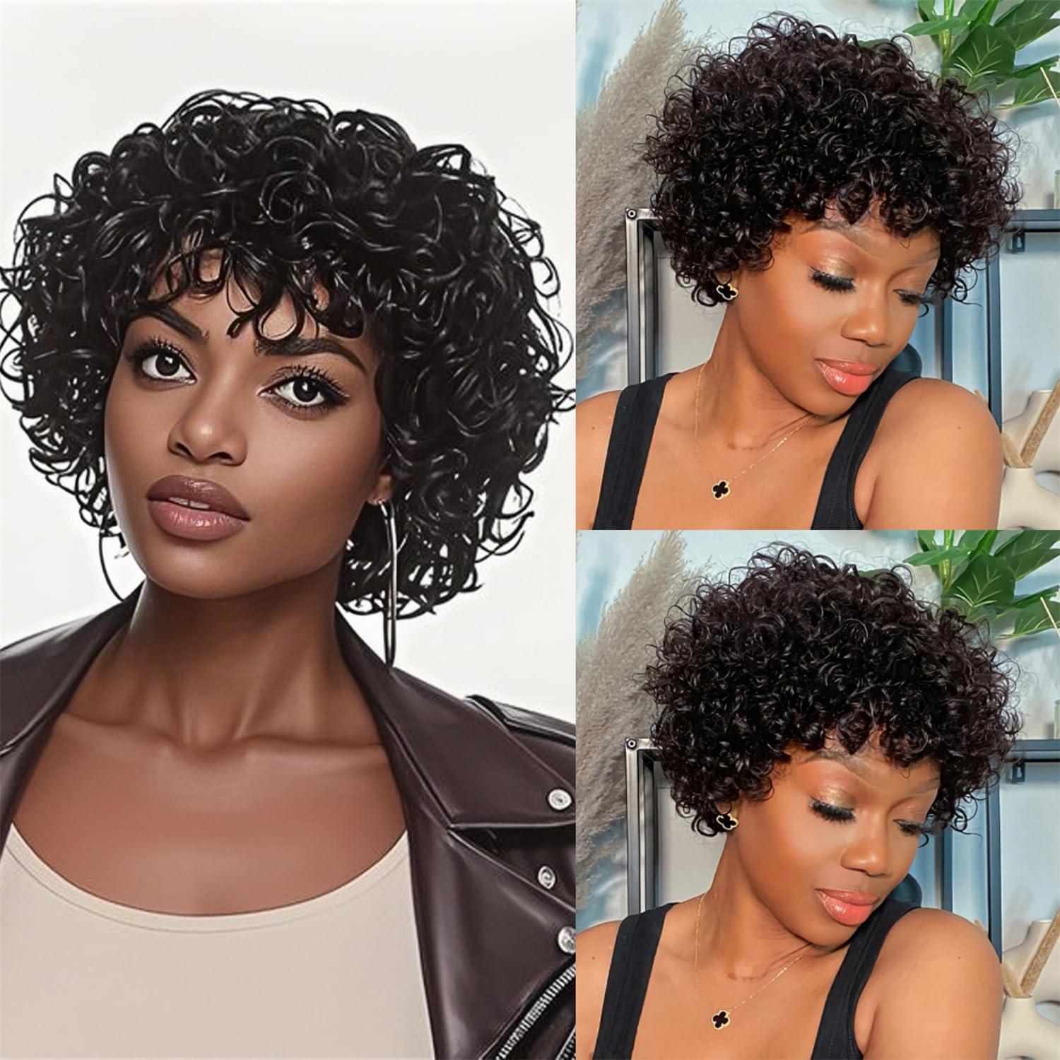 Afinska Afinska Kinky Curly Human Hair Wig Pixie Bob Cut Wig With Bangs Short Pixie Human Hair Wig Curly Pixie Cut Wig Human Hair Natural Black Brazilian Glueless Short Wig Bob Wigs Human Hair