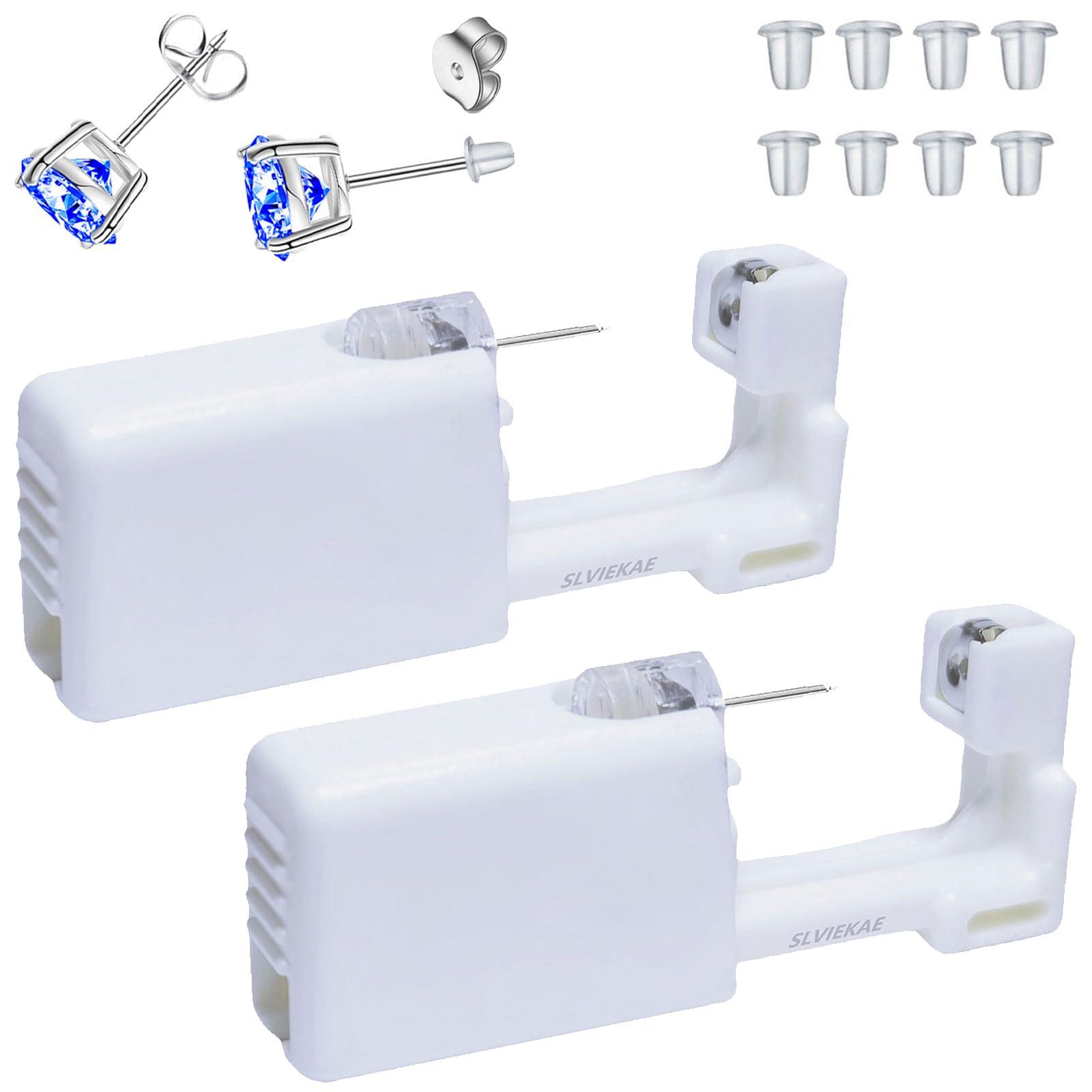 SLVIEKAE Ear Piercing Kits Disposable Ear Piercing Gun Kits No Pain Easy Use Ear Piercing Gun Kit Tool with Multi-Sized Gold Silver CZ Earring Studs (Blue)