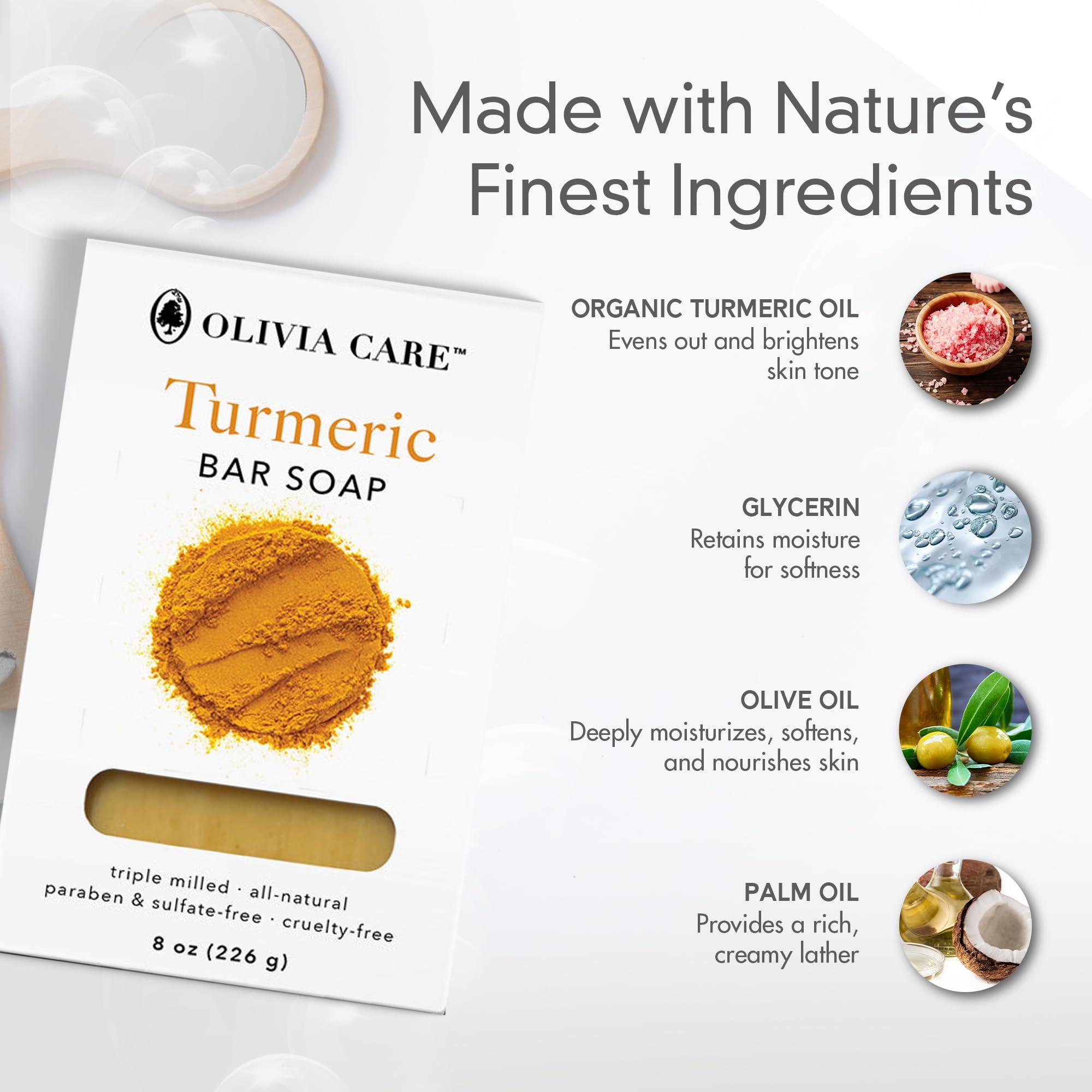 Olivia Care Olivia Care Turmeric Bar Soap -Natural, Vegan & Organic - For Face & Body Exfoliate, Hydrate, Moisturize & Deep Clean - Triple-Milled - Infused with Antioxidants - 8 OZ