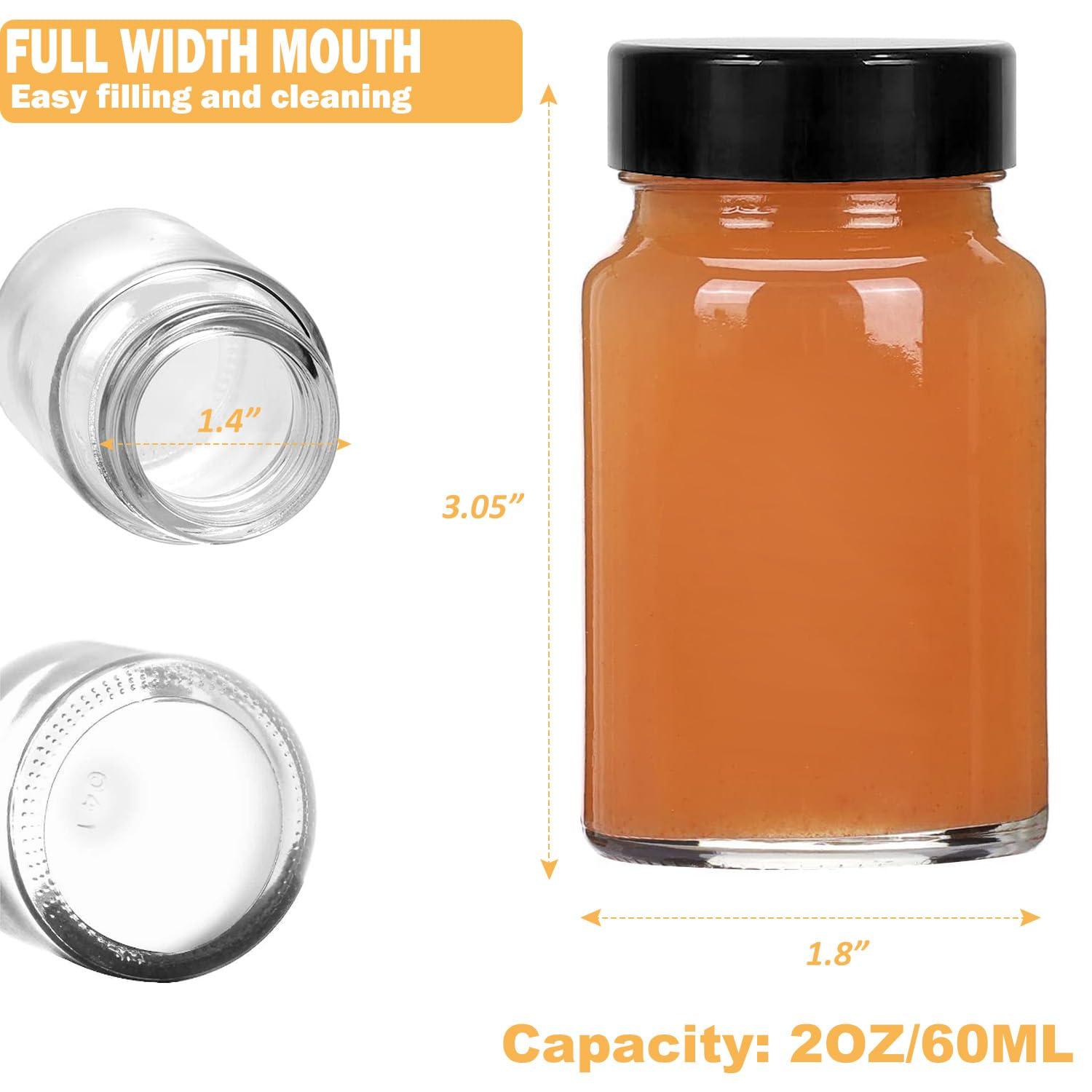 LANBEAUTIFY 2 oz Small Clear Glass Bottles with Lids - 12 Pcs Wide Mouth Shot Bottles with Caps for Ginger Shots, Juice, Potion, Liquids, Whiskey - Mini Travel Bottles with Funnels, Stickers (12PCS-Clear)