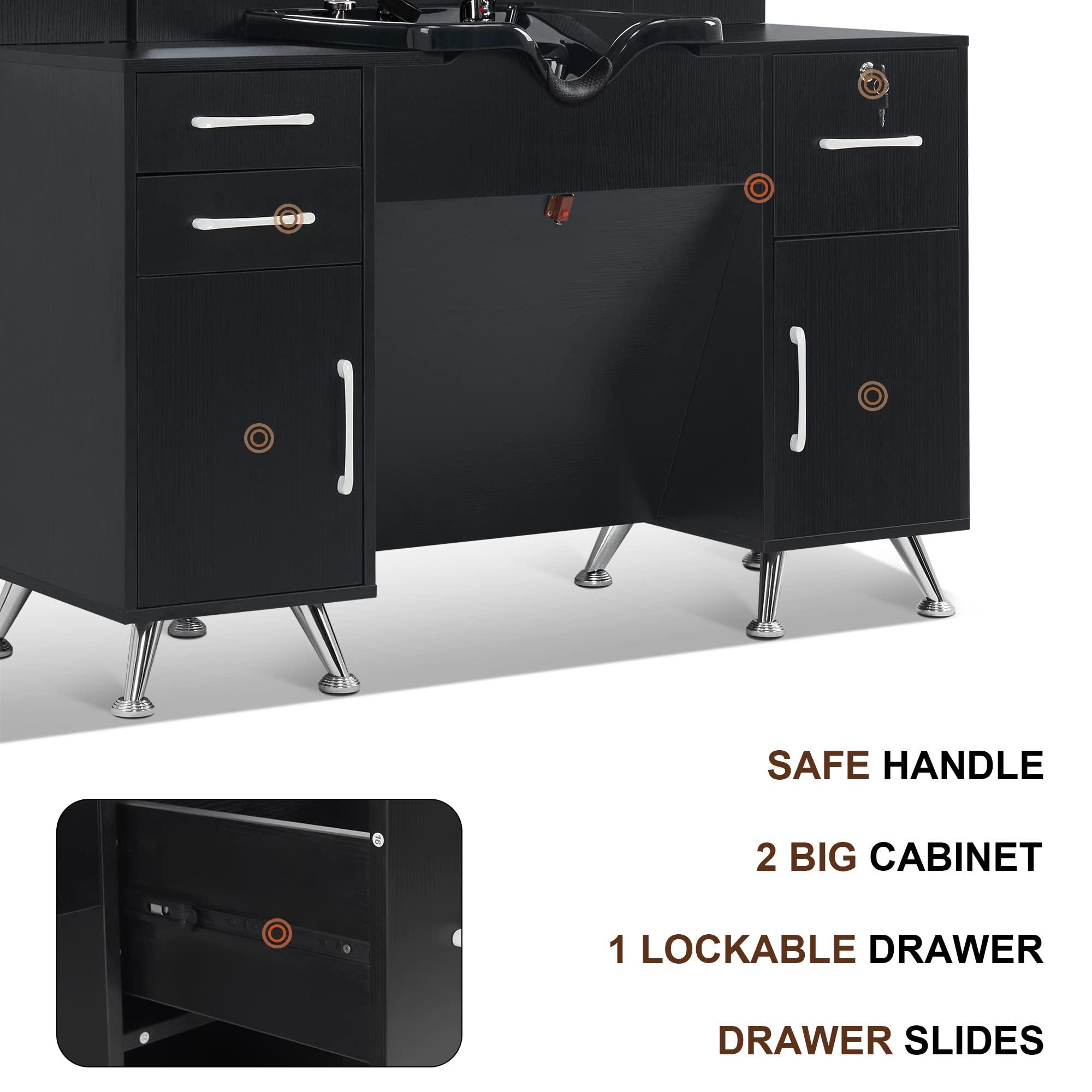 BarberPub BarberPub Backwash Shampoo Bowl Cabinet, Wall Mount Station with Mirror, Storage Cabinet with Drawers & Shelf Salon Equipment 3141 (Black)