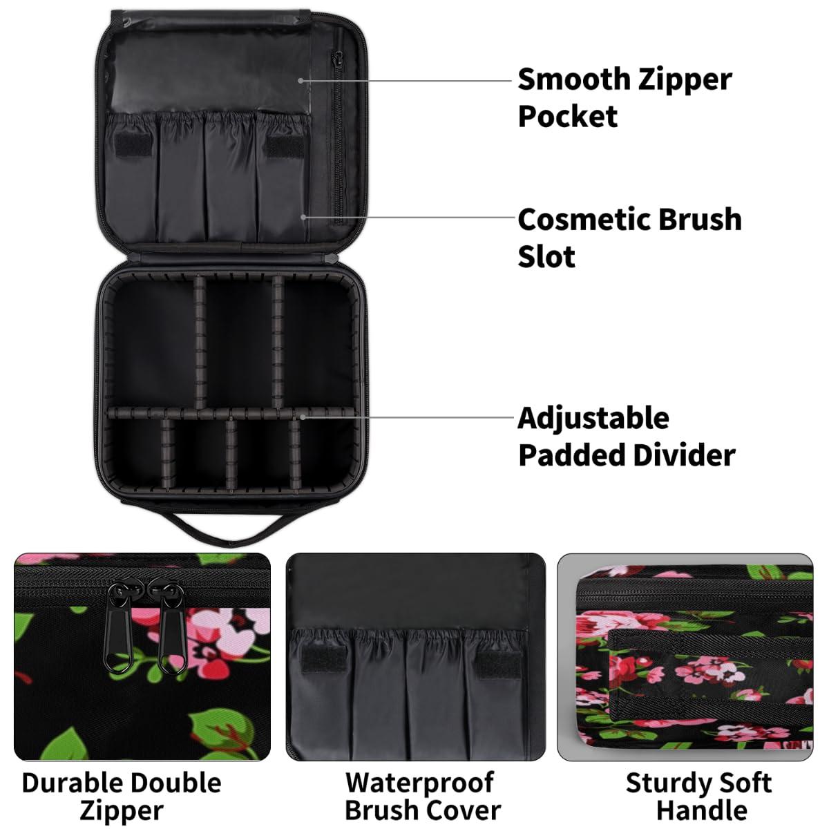 QsirBC QsirBC Makeup Train Case with Adjustable Dividers, Portable Make Up Bag for Women, Toiletry Bag for Men with Waterproof Brush Cover, Cartoon Rose Travel Makeup Organizer Makeup Box