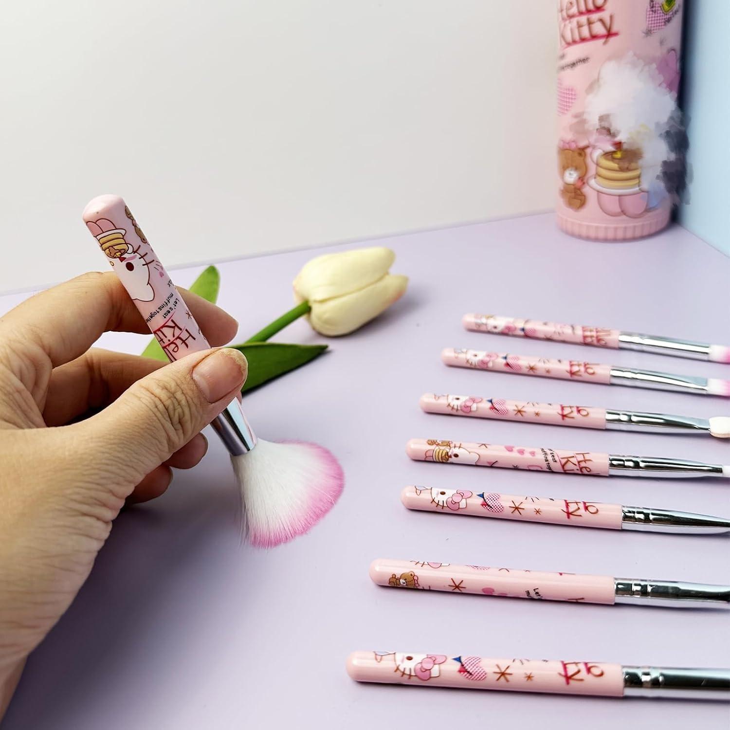 Holymid Kawaii Kitty 8PCS Makeup Brush with Storage Bucket and Headband, Cartoon Cat Cosmetic Makeup Brush Set Professional Tool Kit Set Brush Set Best Gift for Girl Women