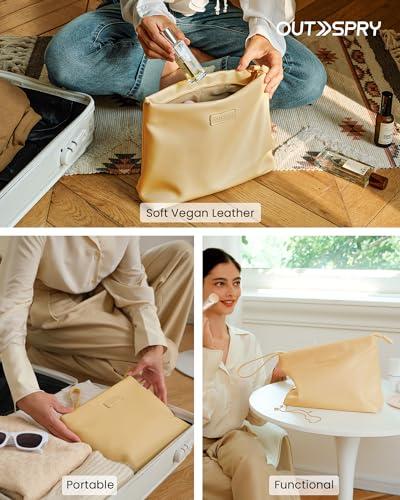 OutSpry OutSpry Travel Makeup Bag with Wristlet [Creamy PU Vegan Leather] Large Capacity Makeup Pouch Cosmetic Bag Water-Resistant Toiletry Bag, Cookie Yellow