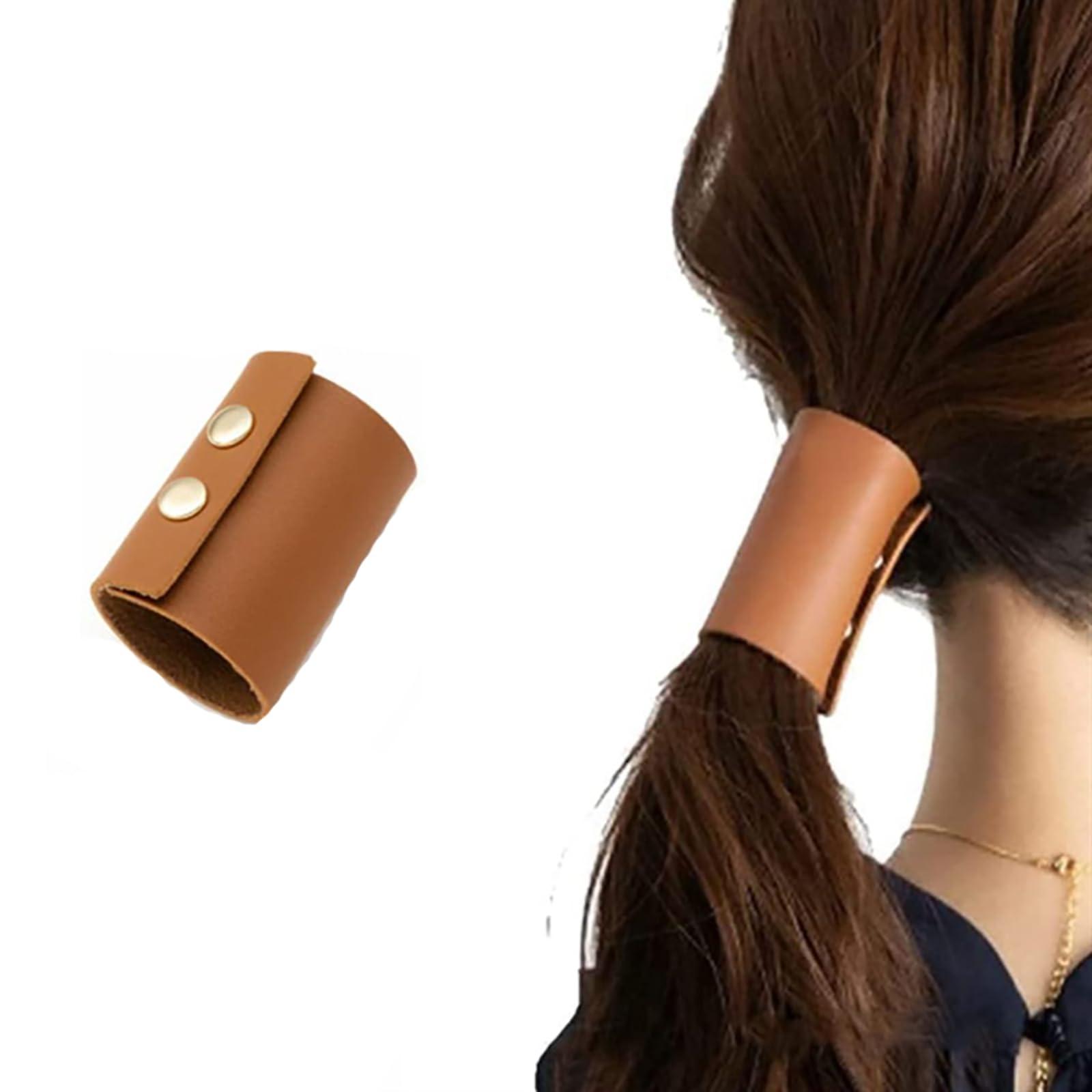 LJJCSFF 2PCS Leather Hair Cuff Hair Glove Wrap Motorcycle Ponytail Holders Leather Hair Wraps Hair Ties Ponytail Wrap Hair Accessories Brown