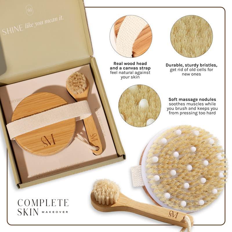 C.S.M CSM Dry Brushing Body Brush Set- Natural Bristle Body Brush, Exfoliating Face Brush for Soft Skin: Kit contains 1 Dry Brush for Face + 1 Body Brush for Lymphatic Drainage, Cellulite, and Circulation