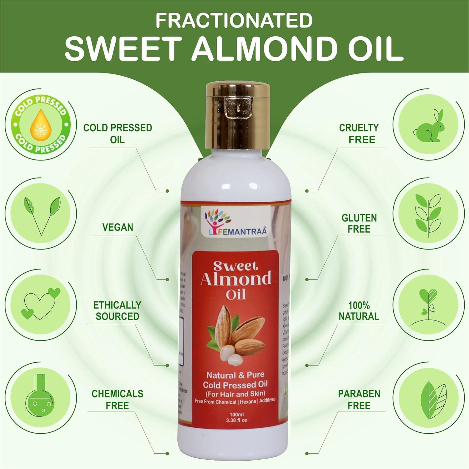 India Natural Sweet Almond Oil - Pure Cold Pressed Badam Tel for Skin, Hair, Face and Body - 100ml