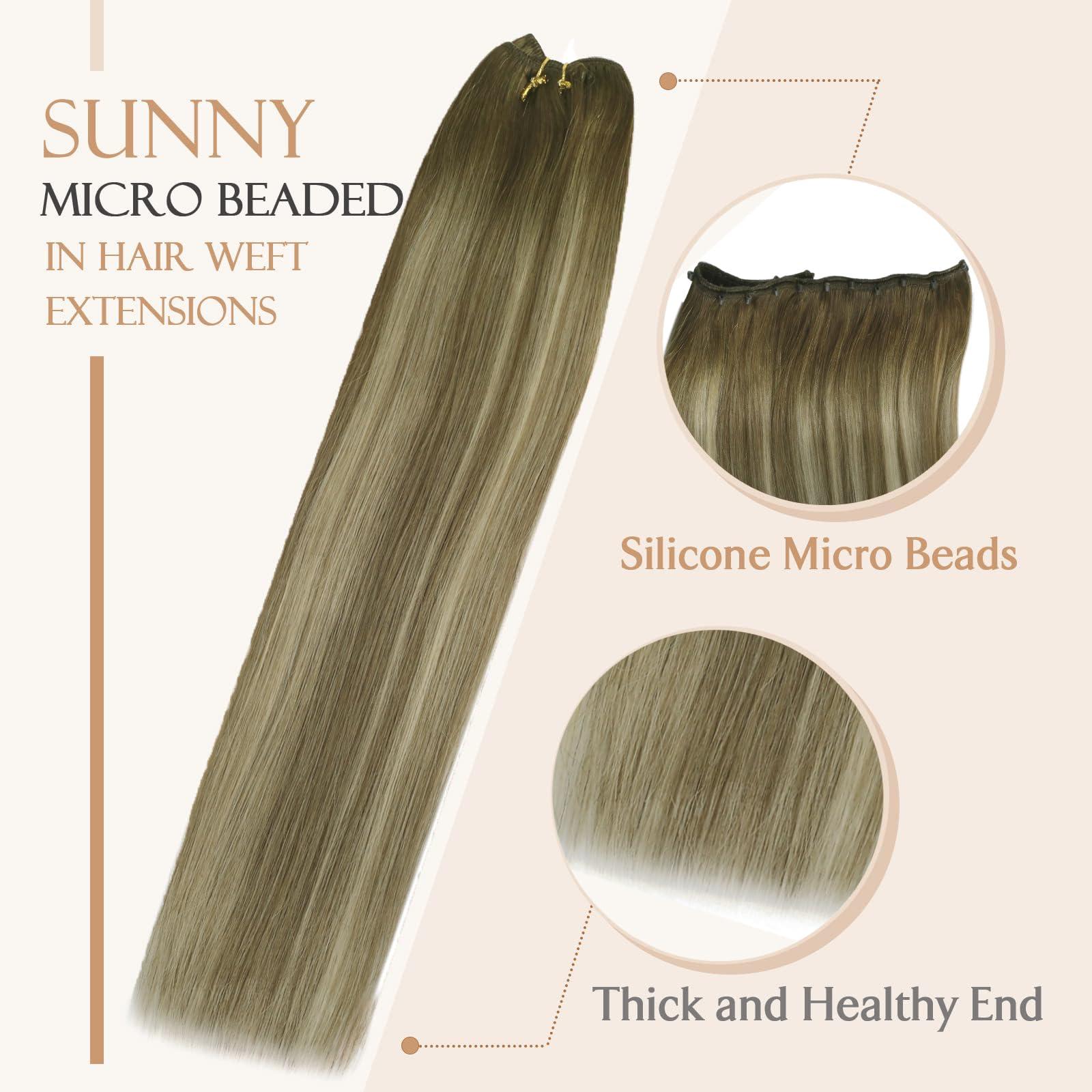 Sunny Hair Sunny Hair Beaded Weft Hair Extensions Human Hair 50G Micro Bead Hair Extensions Real Human Hair Vigorous Weft Hair Extensions with Micro Beads Cool Brown Balayage Light Brown to Blonde 16 inch