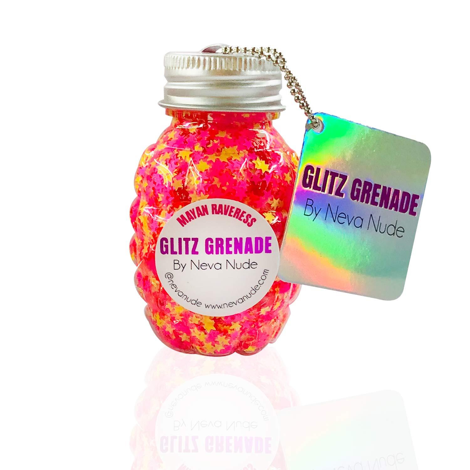 Neva Nude Neva Nude Face and Body Glitter Keychain - Chunky Glitter in Aloe for Festivals, Raves, and More | Cosmetic Grade | Super Sparkly (Mayan Raveress NEON Blacklight Yellow Pink Orange Glitz Grenade)