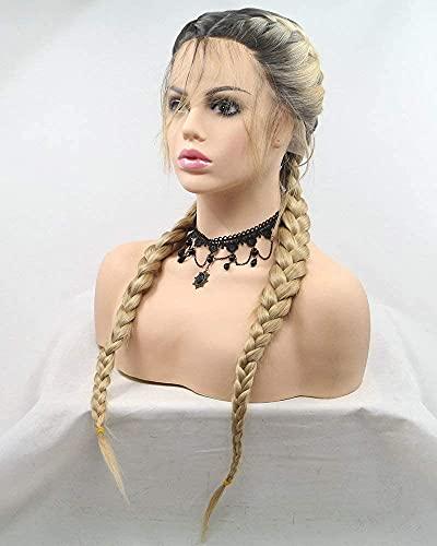 RainaHair Blonde Double Braided Wigs with Baby Hair Heat Resistant Synthetic Lace Front Wigs for Women Female Dark Roots Ombre Blonde Natural 2x Twist Braids Long Hair Glueless Synthetic Wig