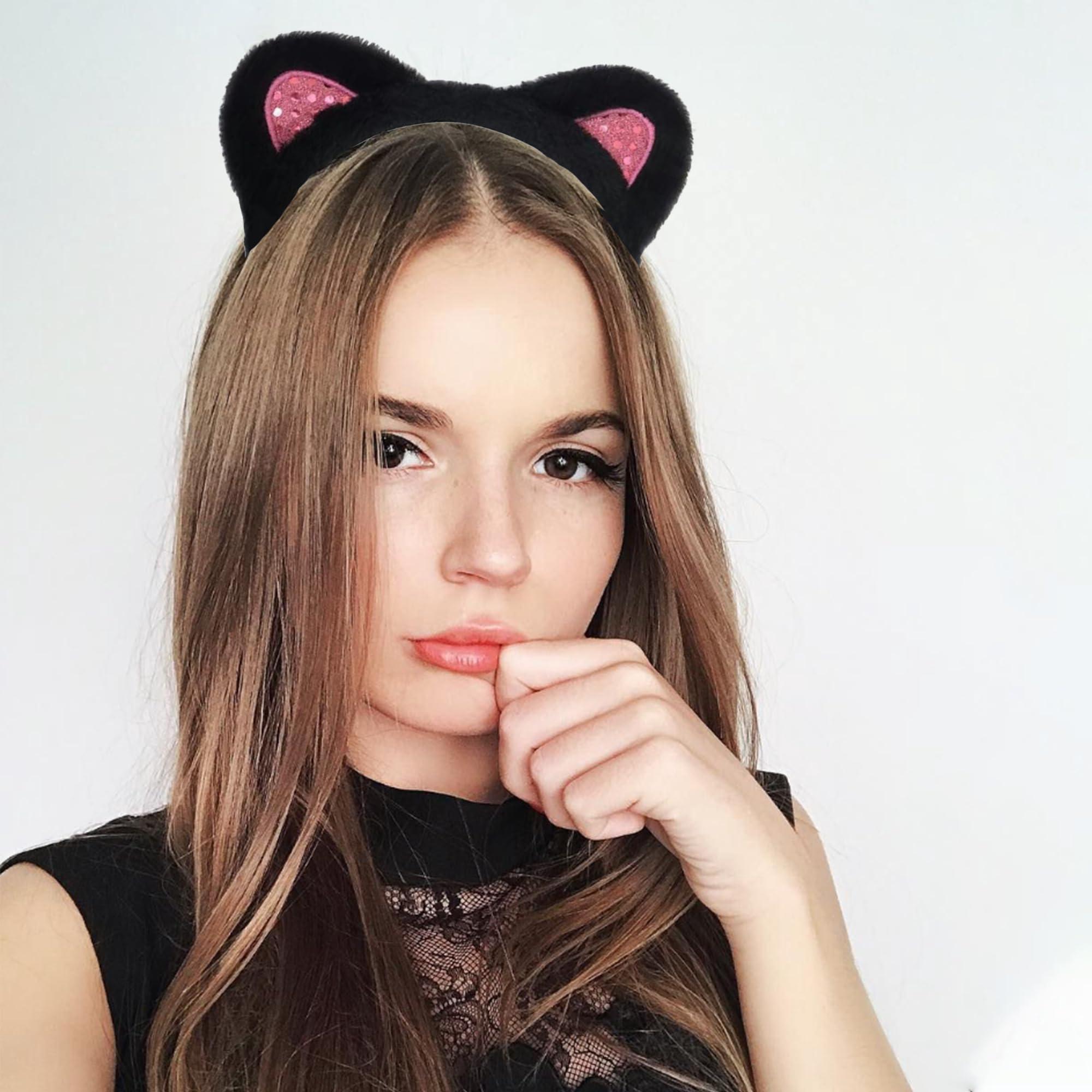 AEGYPIUS AEGYPIUS Cat Ears Headbands, Sparkling Black Cat Ear Headband Cute Lovely Hairband Plush Cat Ears Hair Headbands Washing Face Headbands Perfect for Dress-Up and Fun, Makeup, Teen Girls & Women