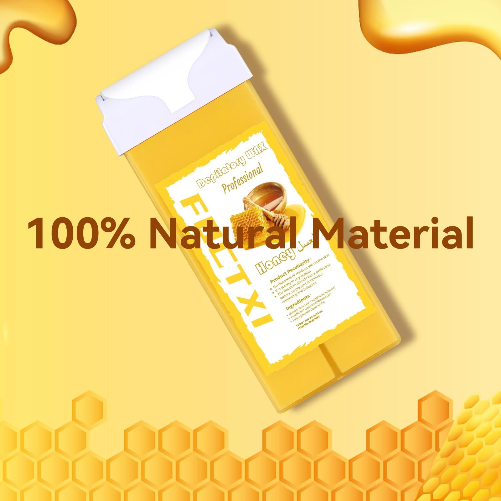 FOCTXI FOCTXI Roll On Waxing Kit for Sensitive Skin - Hair Removal with 2 Honey Soft Wax Cartridges and 100 Non-Woven Wax Strips, 10 Wipes