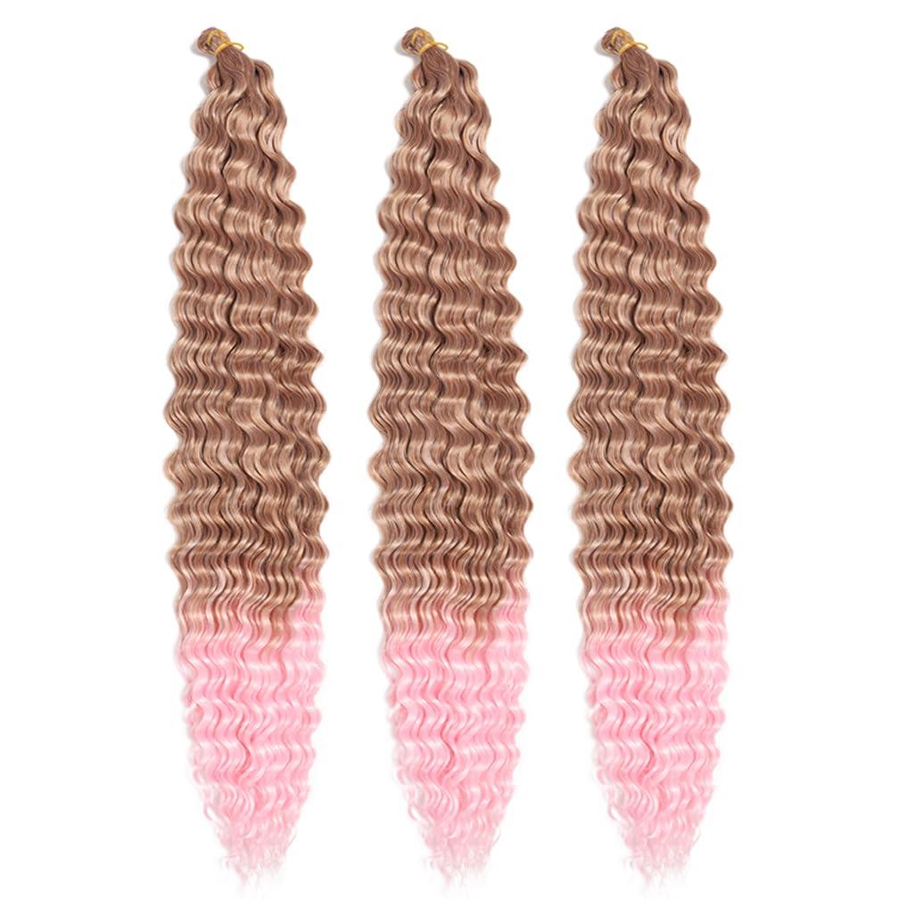 BALINGHAIR Ocean Wave Crochet Hair 30 Inch Deep Wave Braiding Hair Long Curly Crochet Braids Hair Extensions Ombre Brown to Light Pink 3 Packs