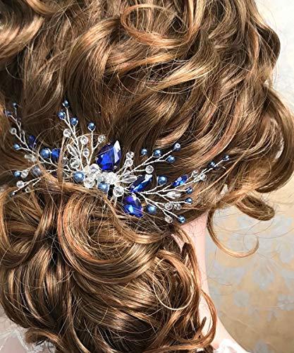 BERYUAN BERYUAN Women Royal Sapphire Crystal Blue Pearl Earring Hair Vine Set Silver Wedding Hair Accessory Hair Comb Piece Gift for Her Party Headpiece for Bride Bridesmaid Girls(Blue) (Blue)