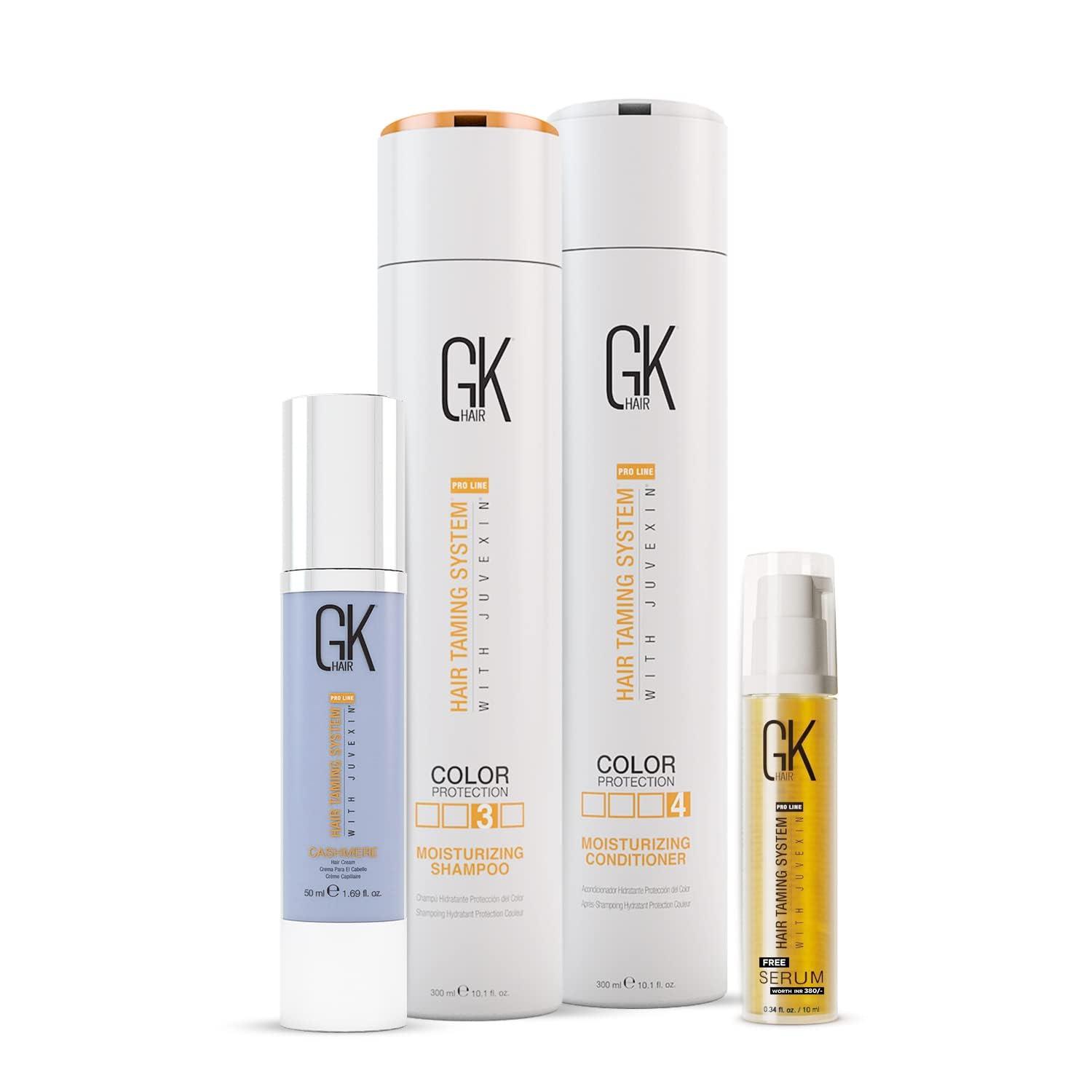 GK HAIR GK Hair Global Keratin Moisturizing Shampoo And Conditioner 300ml With Cashmere Serum 50ml And Free Argan Oil Serum 10ml For Dry Curly Thick Frizzy Damage Unmanageable Hair - Sulfate And Paraben Free