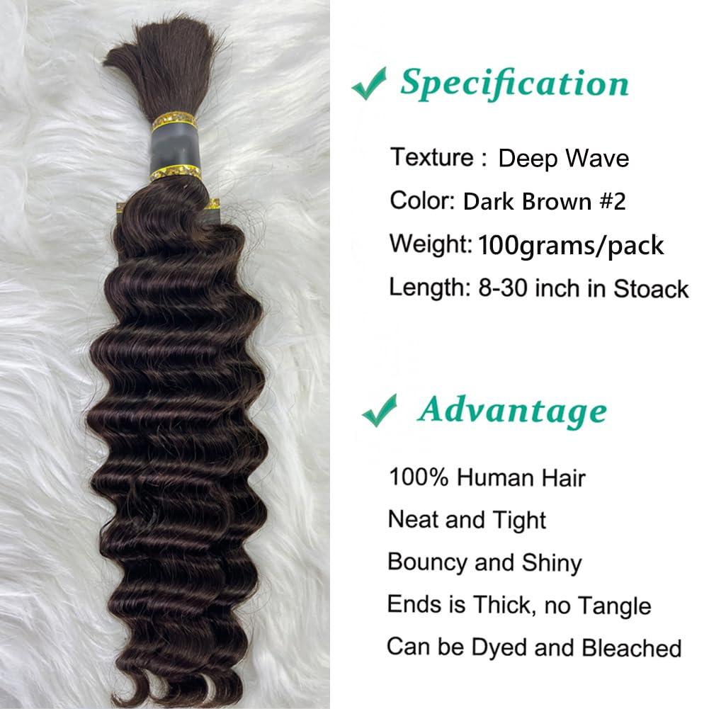 Kiss darling LASHES Micro Braiding Hair Human Bulk Hair Deep Wave Bulk 16\"Inch Brazilian Virgin Human Braiding Hair for Micro Braids Hair No Weft Human Hair Braids Extension #2 Brown Color