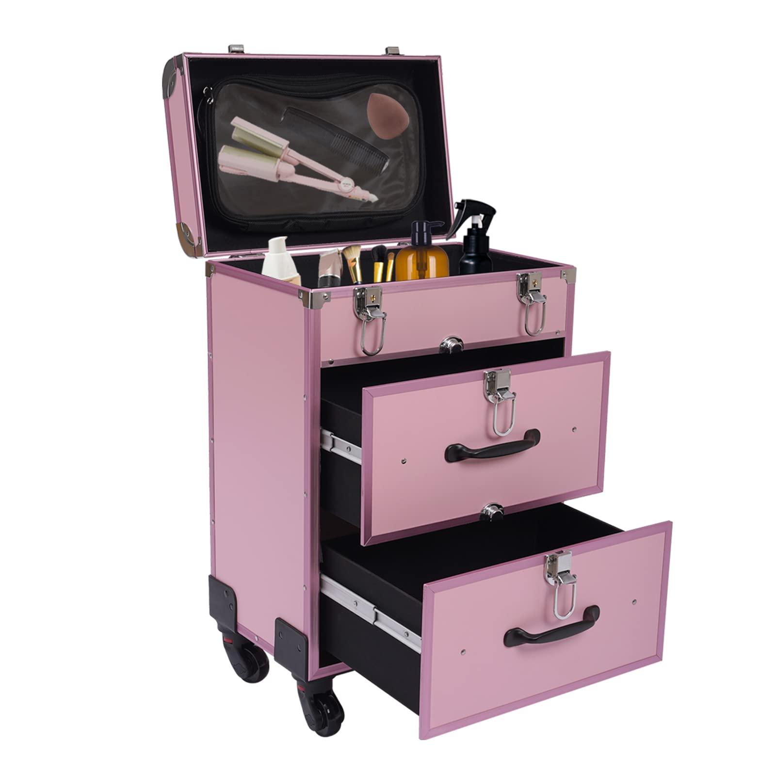 DYRABREST Rolling Makeup Case, Professional Rolling Makeup Train Case with Drawers, Cosmetic Trolley with Locks, Cosmetics Storage Organizer Make up Case for Travel Makeup/Nail Art/Hair Styling (Pink)