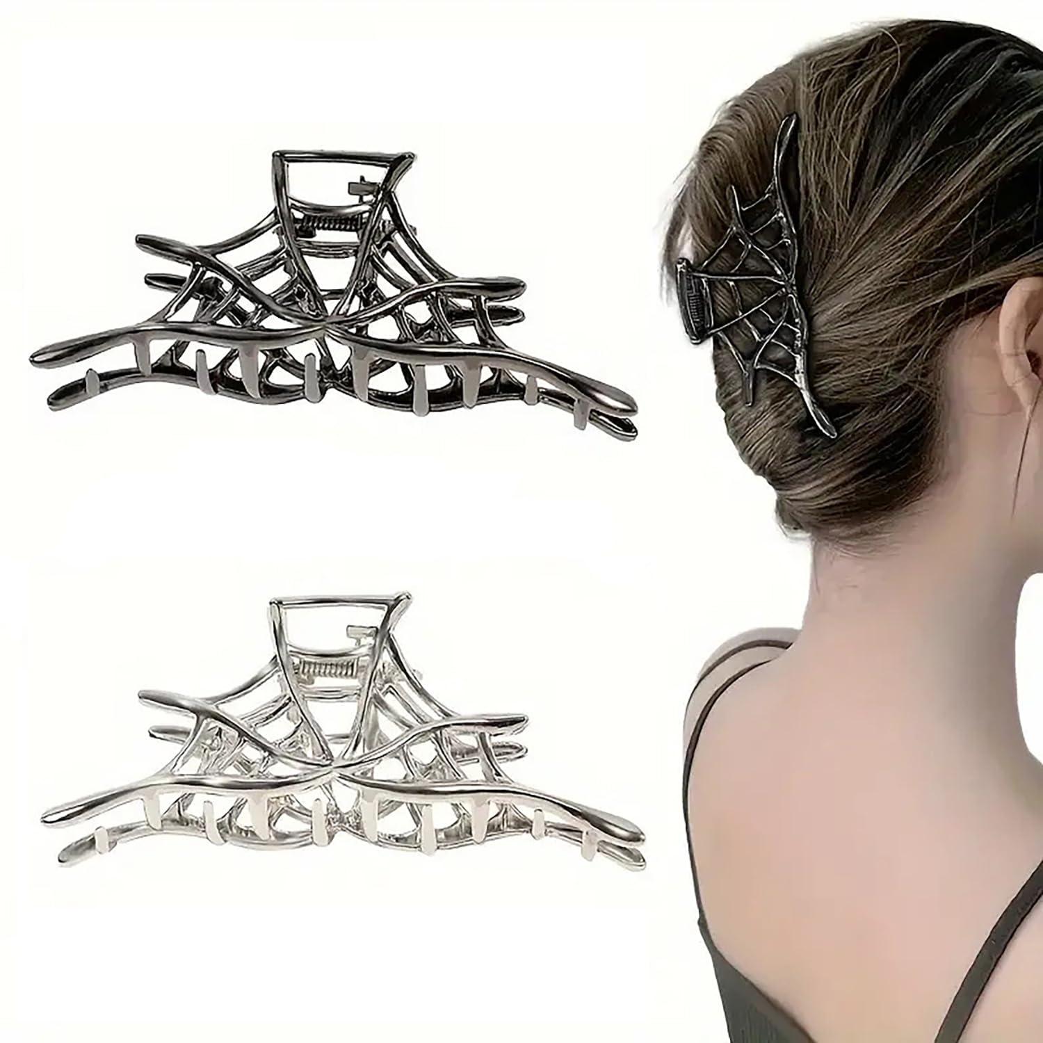 Dulyork Halloween Hair Claw Clip Halloween Spider Web Hair Clips For Women Silvery Metal Claw Clips With Spider Web Shape Designs Halloween Non-Slip Jaw Claw Clips For Women Halloween Hair Accessories
