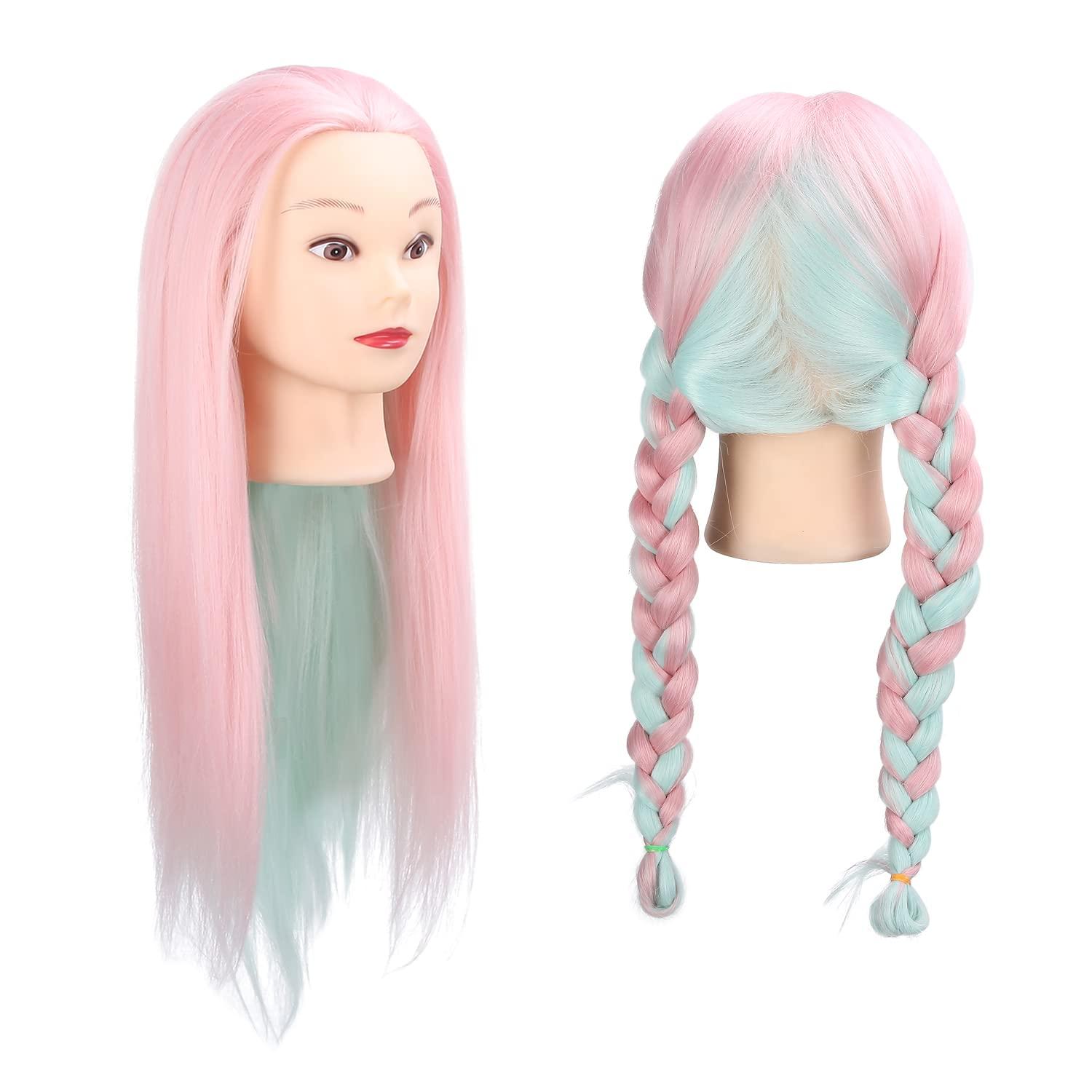 Joyzan Mannequin Head With Color Hair, Hair Styling Training Heads Manikin Cosmetology Doll Head Pink Real Synthetic Fiber Hairdressing Practice Model DIY Braiding Hair Art Salon Display Dyeing Knitting