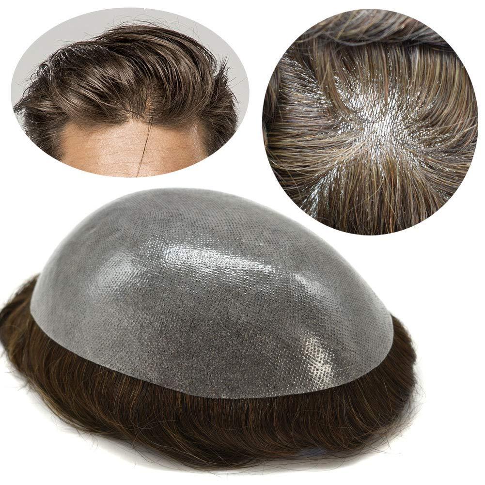 Curve Hair Thin Skin Men's Toupee Real Human Hair Pieces for Men 0.1-0.12mm Medium PU Durable Mens Hair System Full Poly Hair Replacement for Men PAPY (8"x10", 2 Darkest Brown-90% Light Density)
